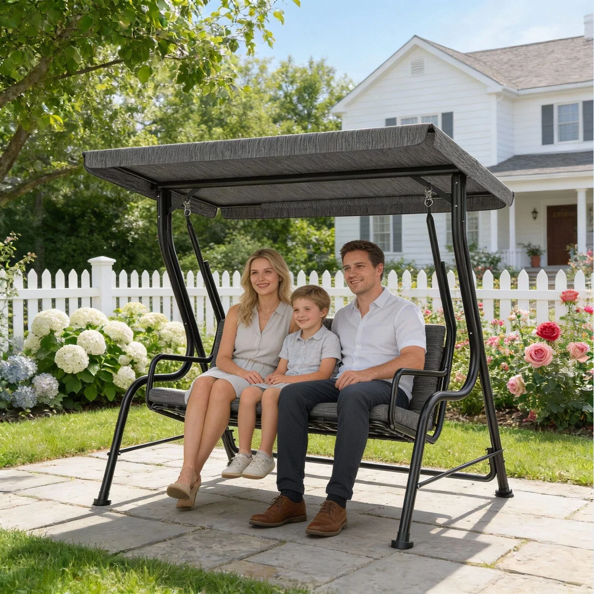 Outsunny Hollywoodschaukel, 3-Sitzer mit verstellbarem Sonnendach, grau