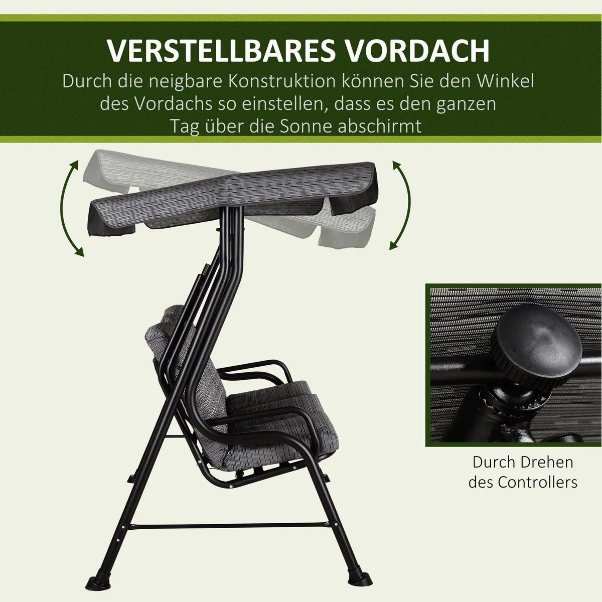 Outsunny Hollywoodschaukel, 3-Sitzer mit verstellbarem Sonnendach, grau 4