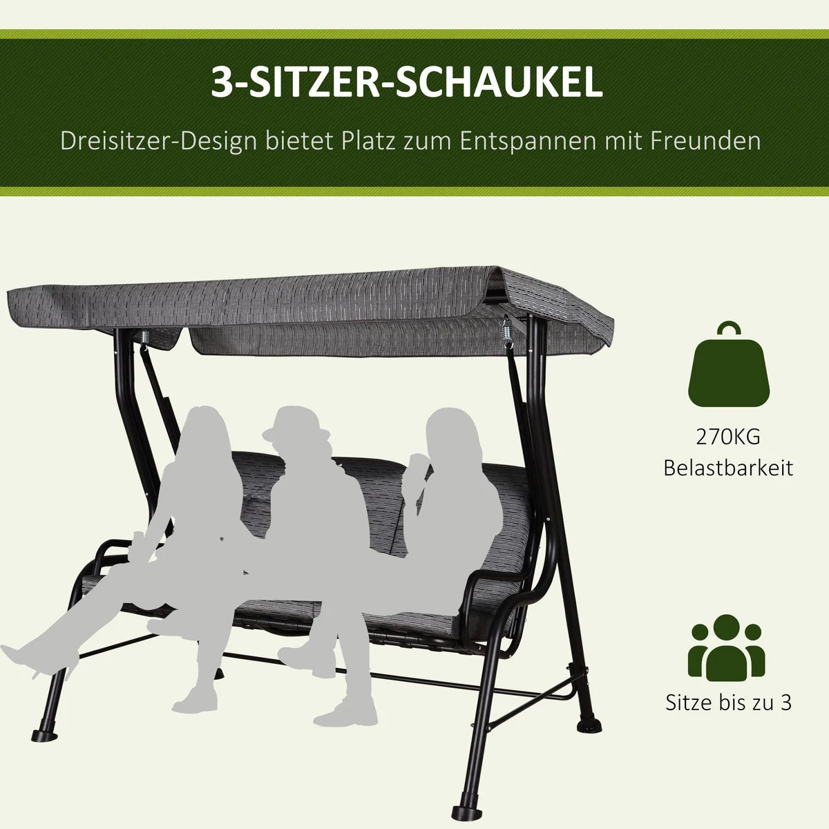 Outsunny Hollywoodschaukel, 3-Sitzer mit verstellbarem Sonnendach, grau 5