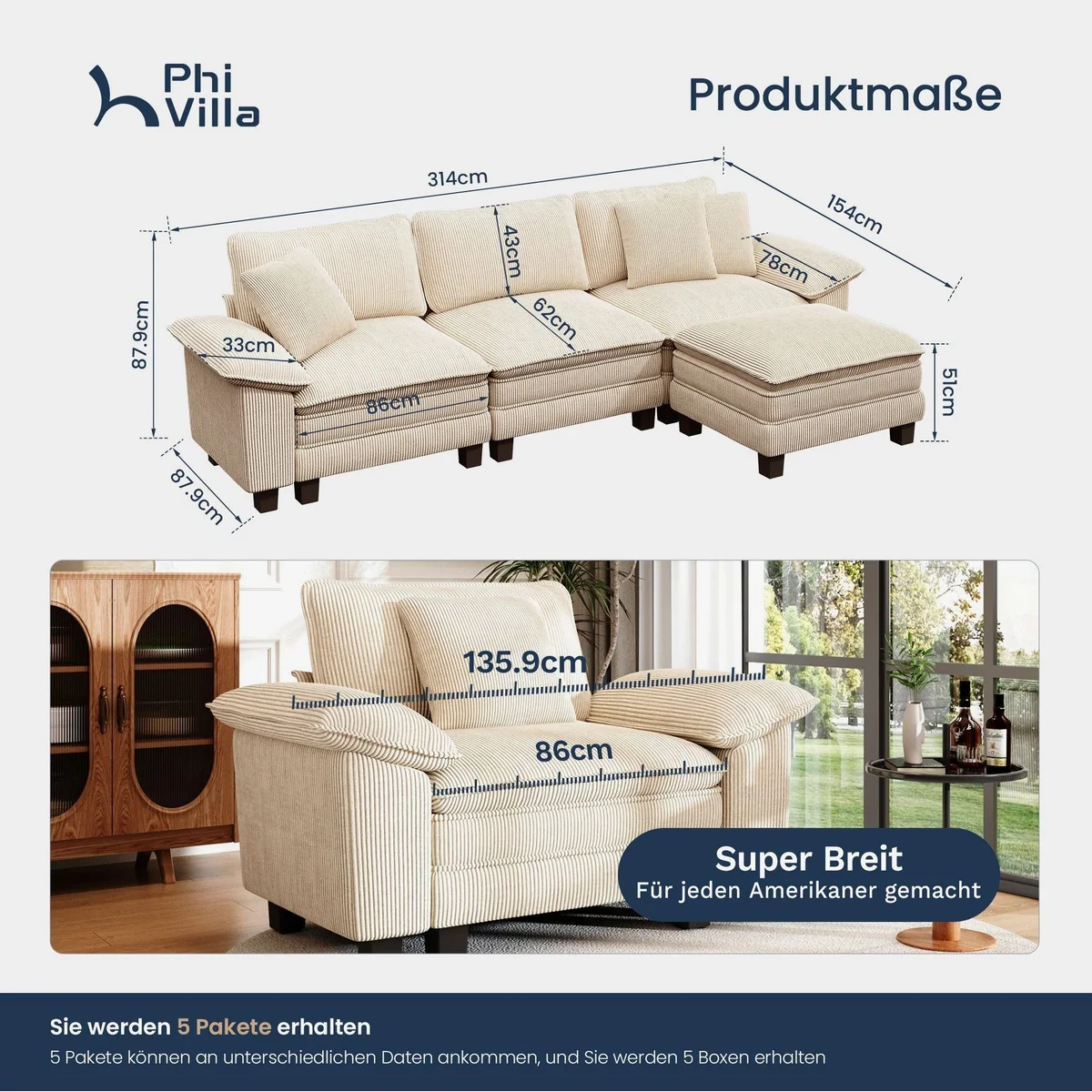 PHI VILLA Ecksofa L-Form, komfortables 4-6-Sitzer-Modell mit Ottomanen 2