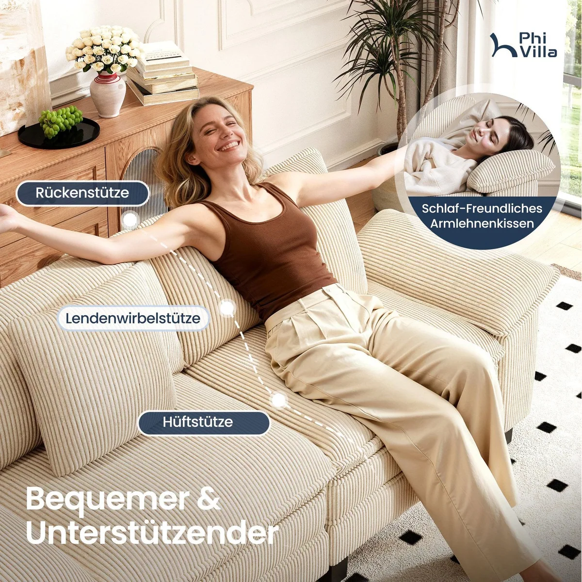 PHI VILLA Ecksofa L-Form, komfortables 4-6-Sitzer-Modell mit Ottomanen 3