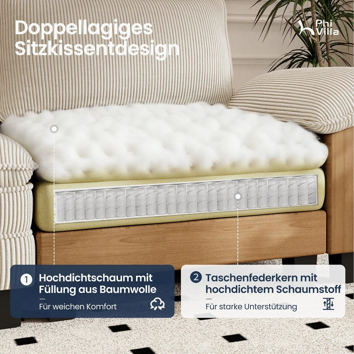 PHI VILLA Ecksofa L-Form, komfortables 4-6-Sitzer-Modell mit Ottomanen 4