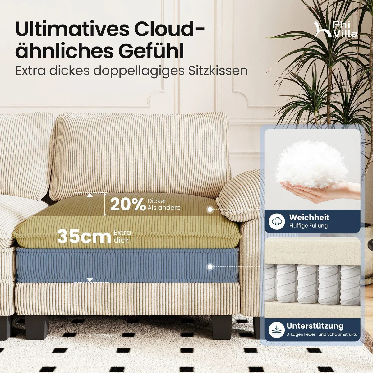 PHI VILLA Ecksofa L-Form, komfortables 4-6-Sitzer-Modell mit Ottomanen 5
