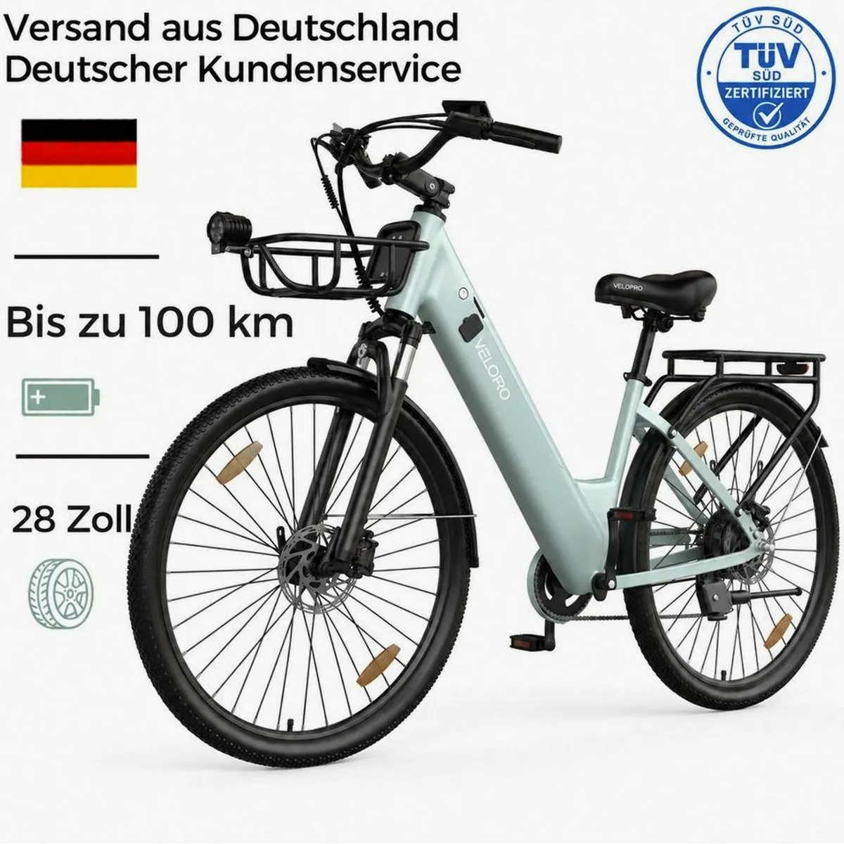 PIXAR E-Bike Cityrad Pedelec, 28 Zoll, 100 km Reichweite, 250W Heckmotor