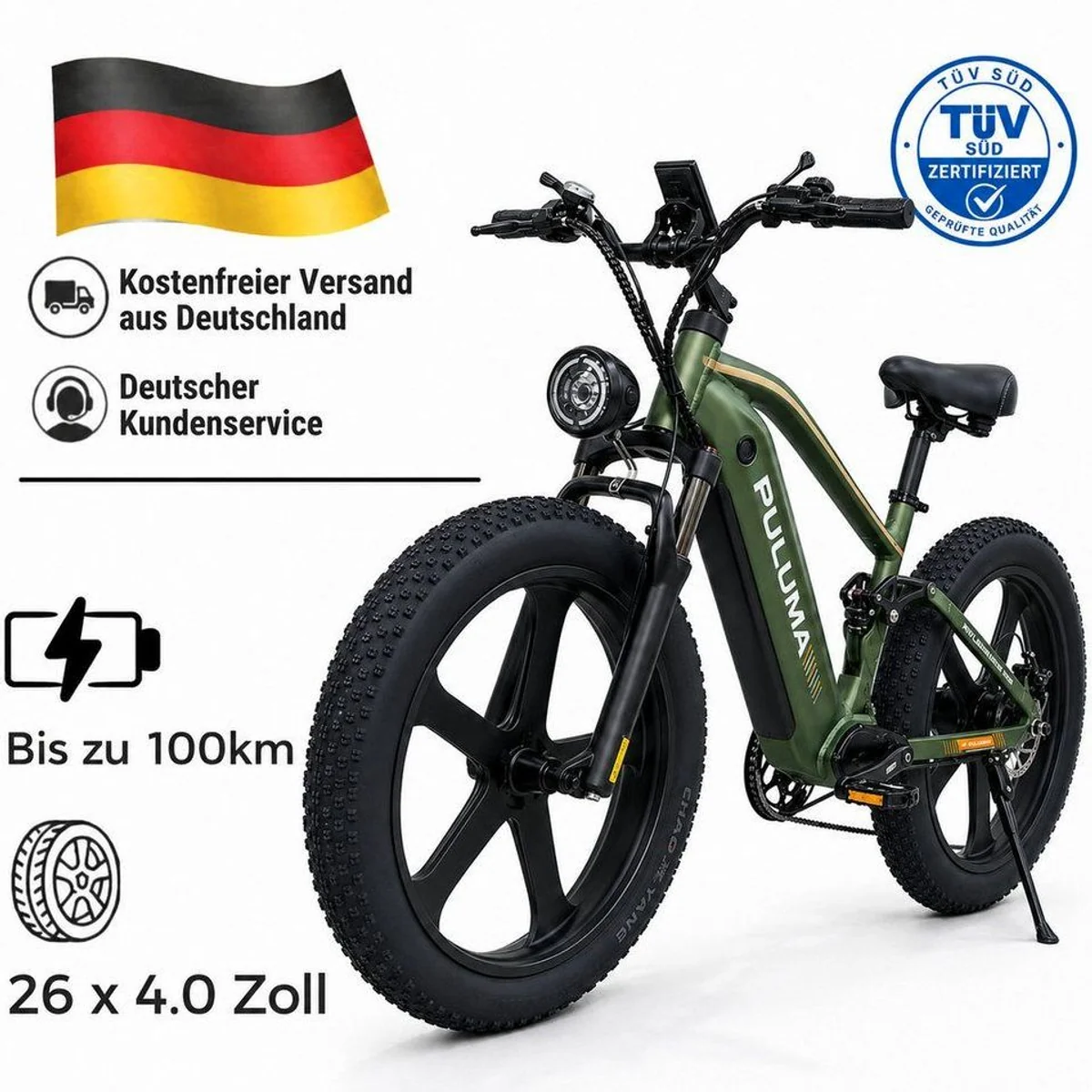 PixelPilot E-Bike Mountainbike 52V 20Ah Fatbike 26 Zoll, vielseitig einsetzbar, Shimano 7-Gang, hydraulische Bremsen