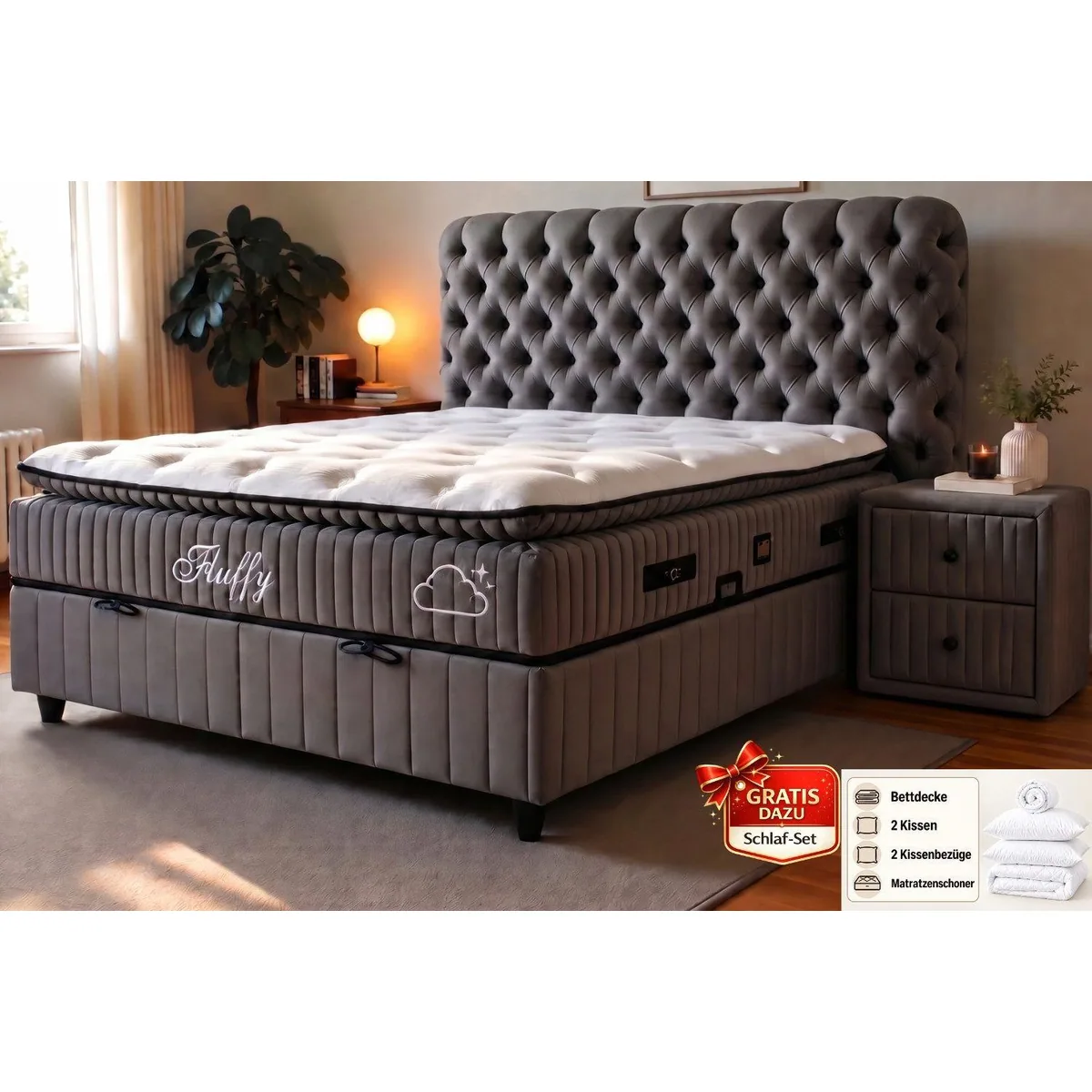 Pointhome Fluffy Boxspringbett Set, elegantes Design, hoher Stauraum — H3 Matratze, hydraulischer Bettkasten, modernes Kopfteil