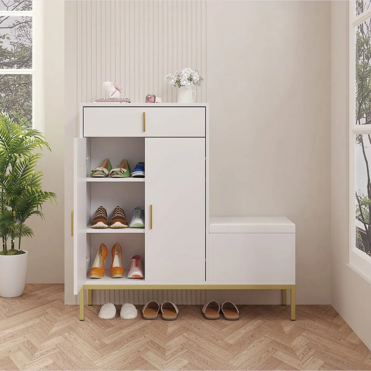 radelldar Schuhschrank mit Sitzbank, 2-in-1 Funktion, verstellbare Trennwände 3