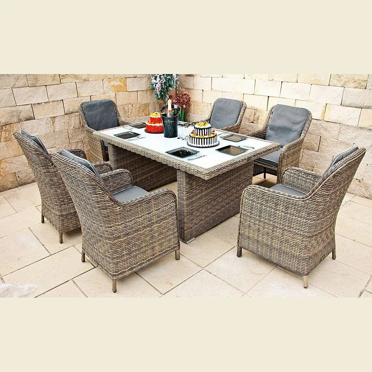 Ragnarök Möbel-Design Garten-Essgruppe, 6 Sessel & großer Tisch aus Polyrattan