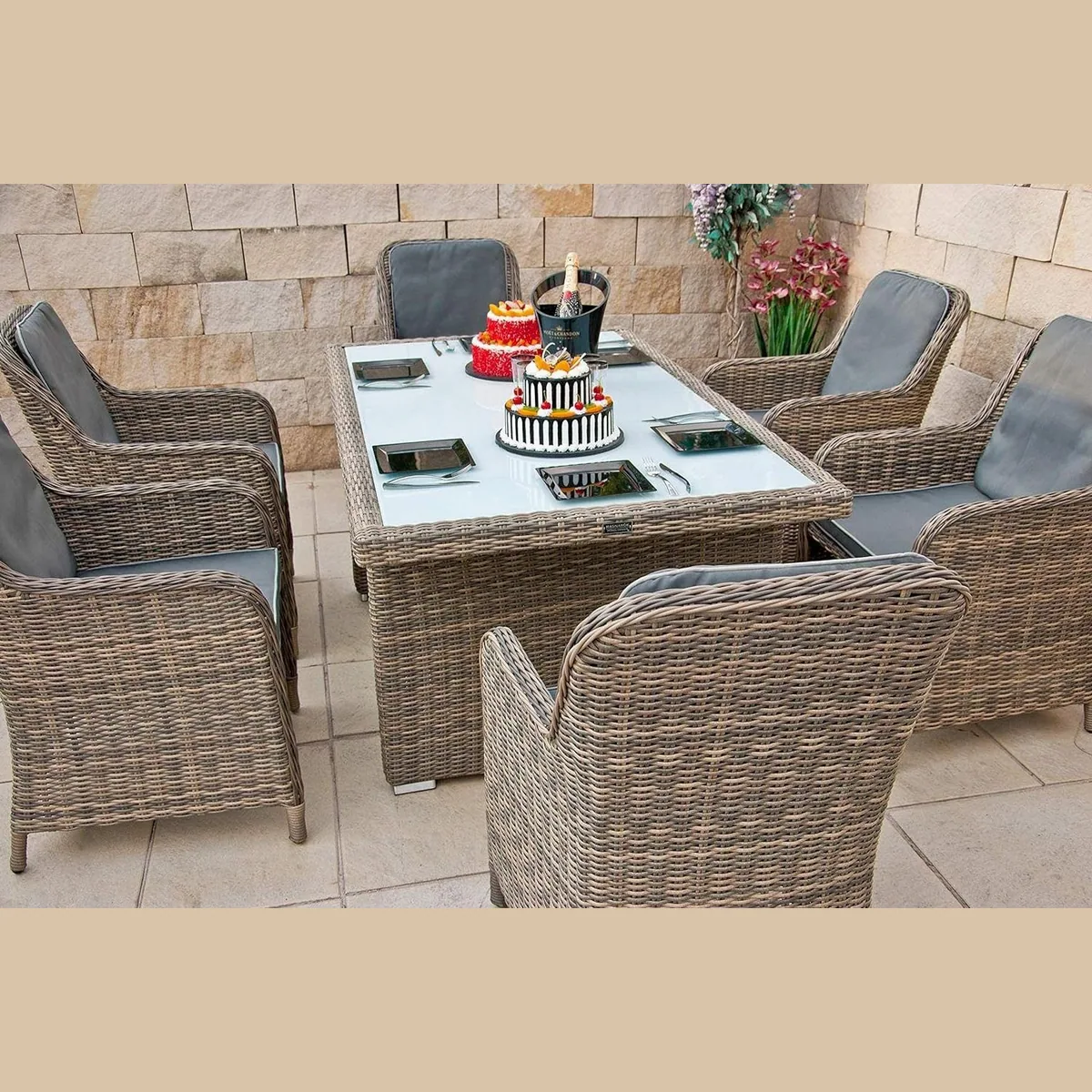 Ragnarök Möbel-Design Garten-Essgruppe, 6 Sessel & großer Tisch aus Polyrattan 2