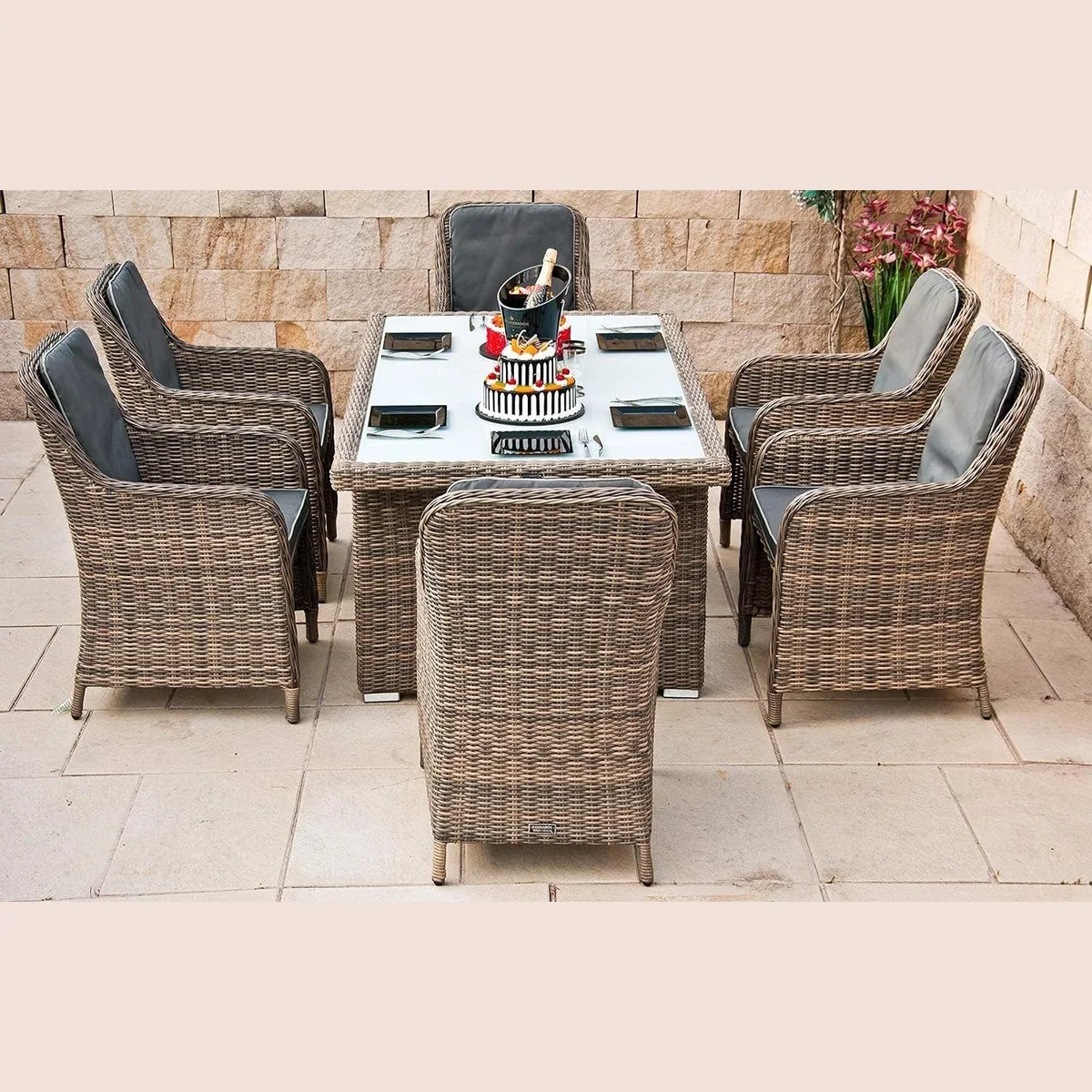 Ragnarök Möbel-Design Garten-Essgruppe, 6 Sessel & großer Tisch aus Polyrattan 3