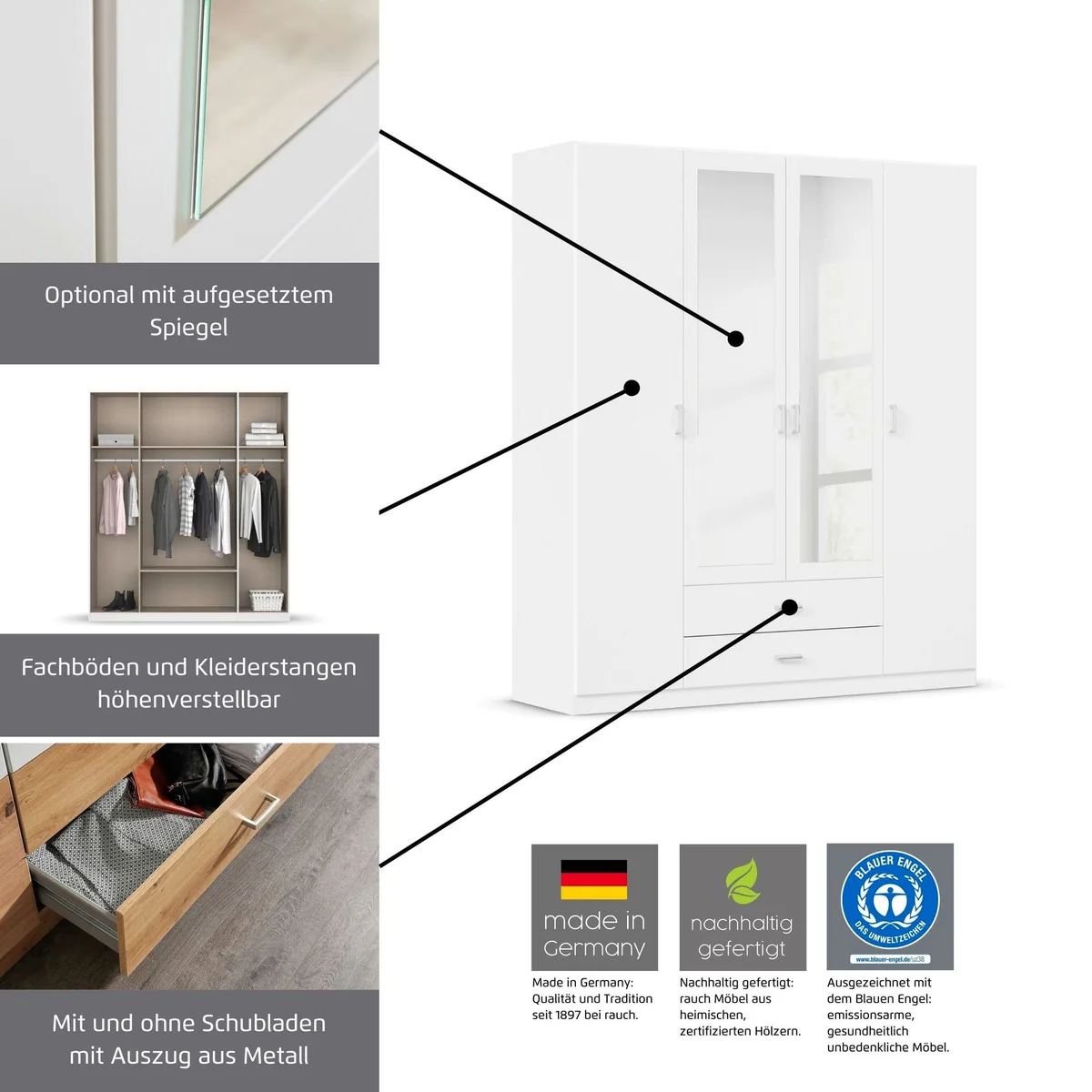 rauch GAMMA Kleiderschrank, modernes Design, integrierte Spiegel, flexible Breiten — 181/271 cm 3