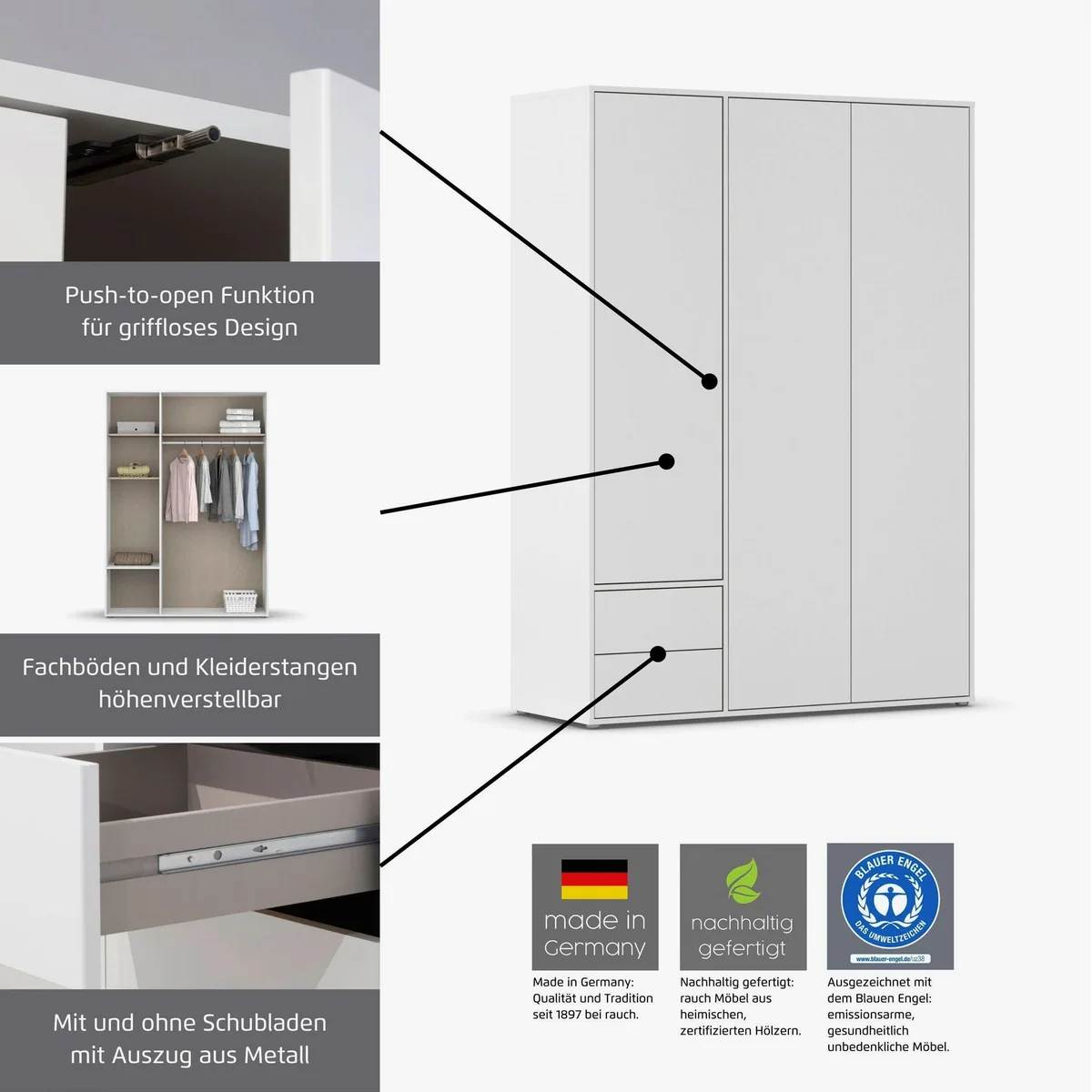 rauch Nabila Kleiderschrank, stilvolles Design, Push-to-Open Funktion, flexible Innenausstattung 3