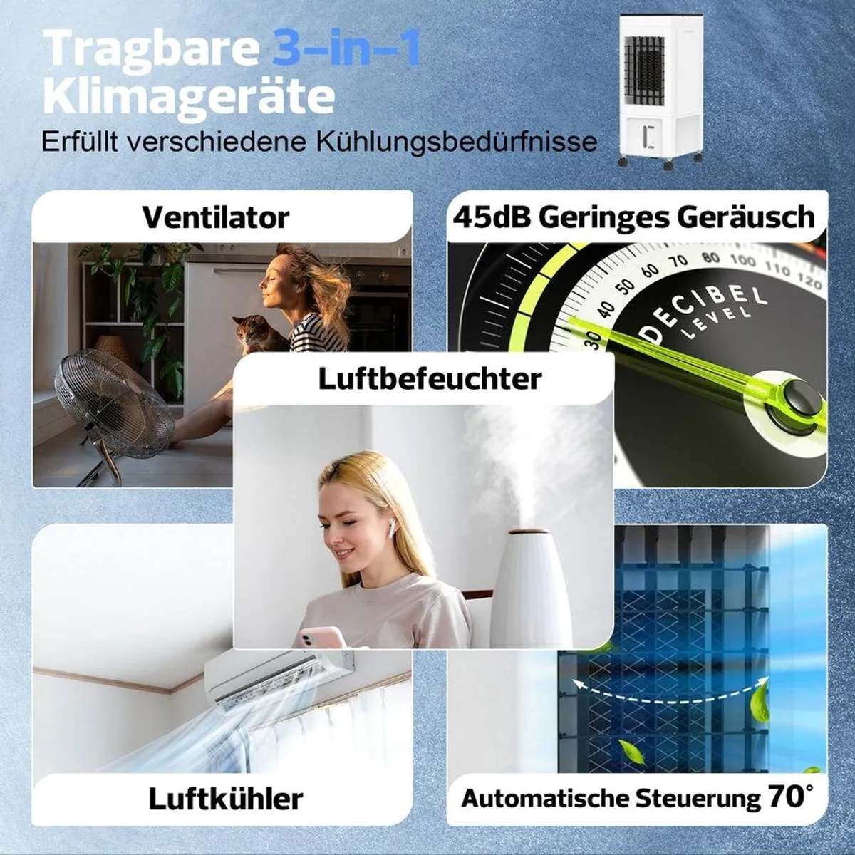 Rebonique 3-in-1 Luftkühler, leise Kühlung, 8L Wassertank, 70° Oszillation 3