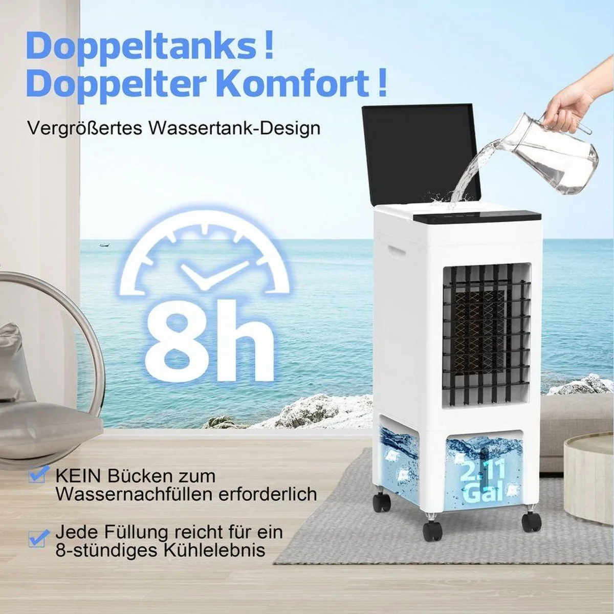 Rebonique 3-in-1 Luftkühler, leise Kühlung, 8L Wassertank, 70° Oszillation 4