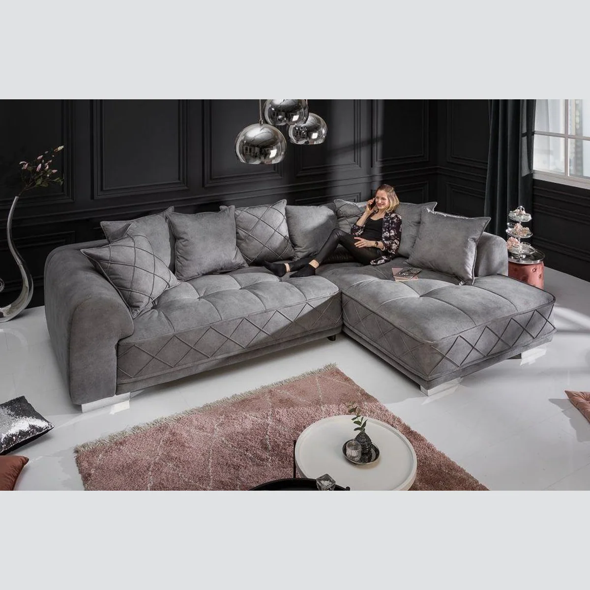 riess-ambiente Big-Sofa DECADENCIA, silbergrau Samt, 8 Kissen, variable Ottomane
