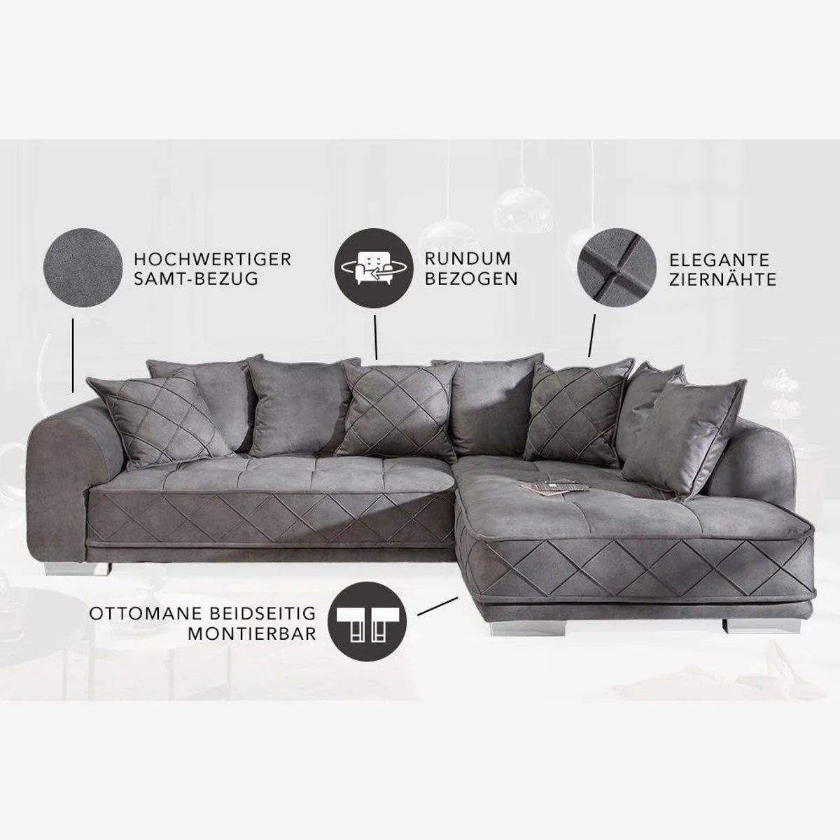 riess-ambiente Big-Sofa DECADENCIA, silbergrau Samt, 8 Kissen, variable Ottomane 4
