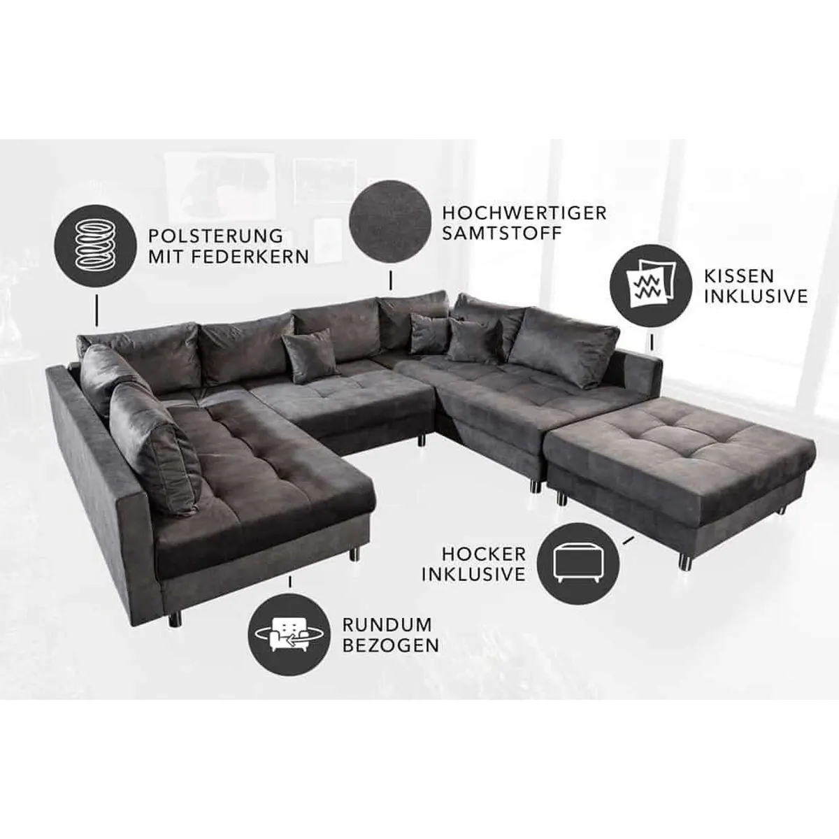 riess-ambiente Wohnlandschaft KENT, U-Form, Samt, inkl. Kissen & Hocker 4