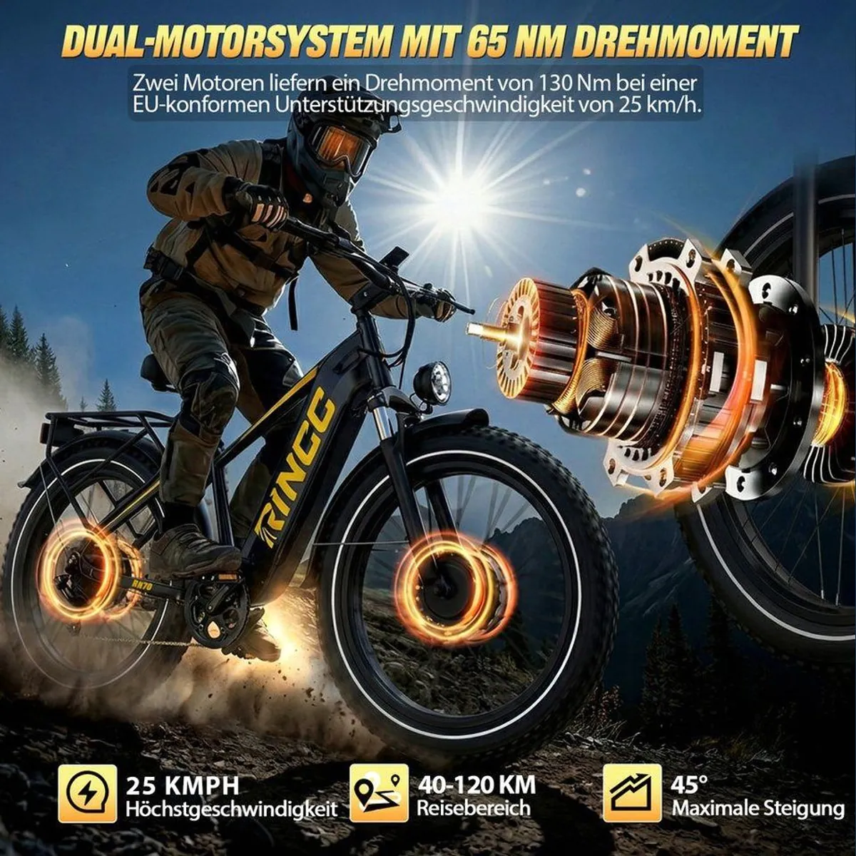 Rincc RN70 E-Bike Dual-Motor, 130 Nm Drehmoment, 120 km Reichweite, Hydraulikbremsen 2