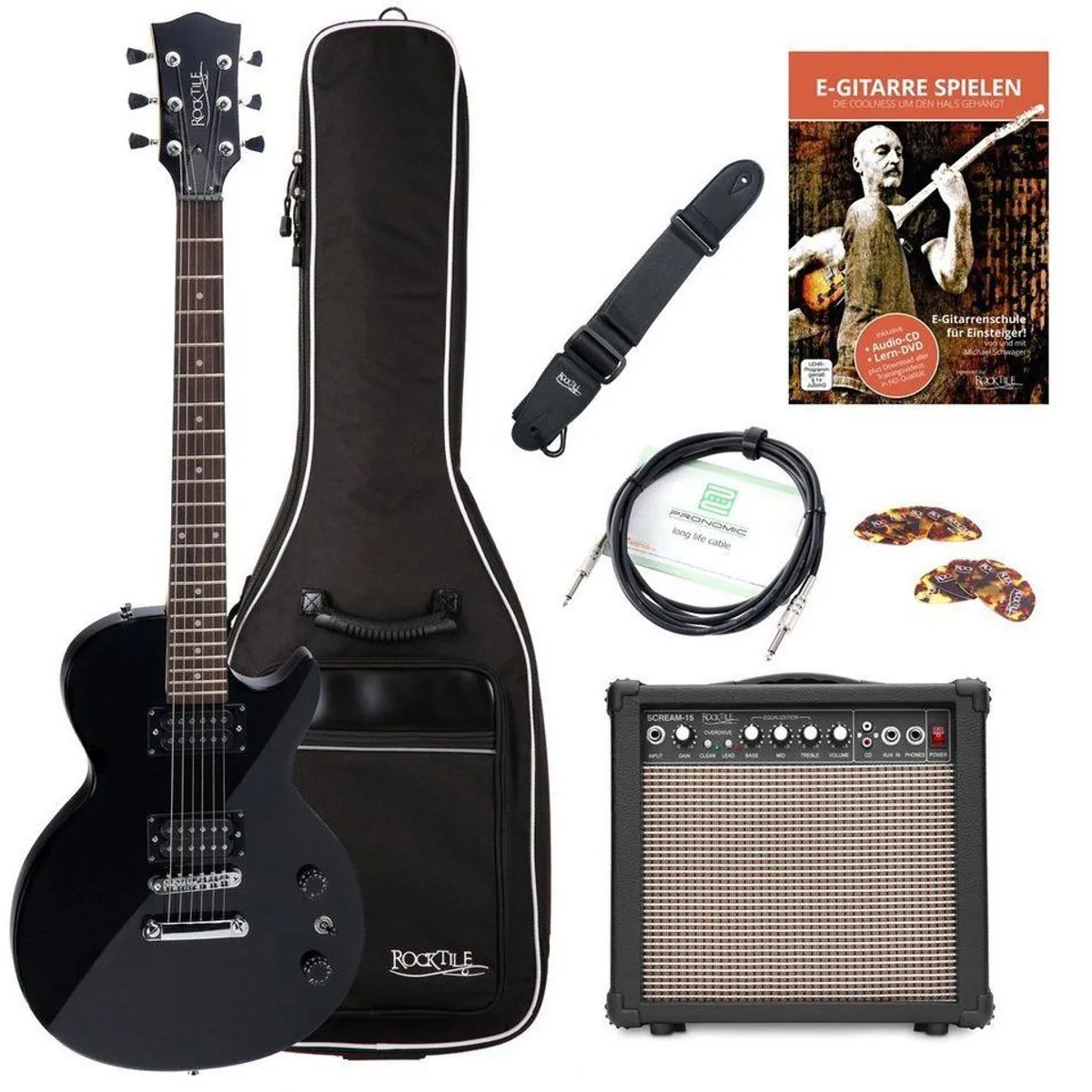 Rocktile L-100 E-Gitarre, kraftvoller Sound, leicht & anfängertauglich — inkl. Verstärker, Gigbag & Gitarrenschule
