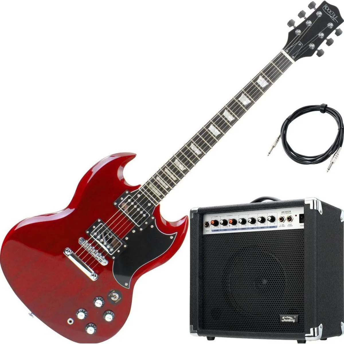 Rocktile Pro S-Red E-Gitarre Set, Double Cut, druckvoller Sound — inkl. Verstärker & Kabel