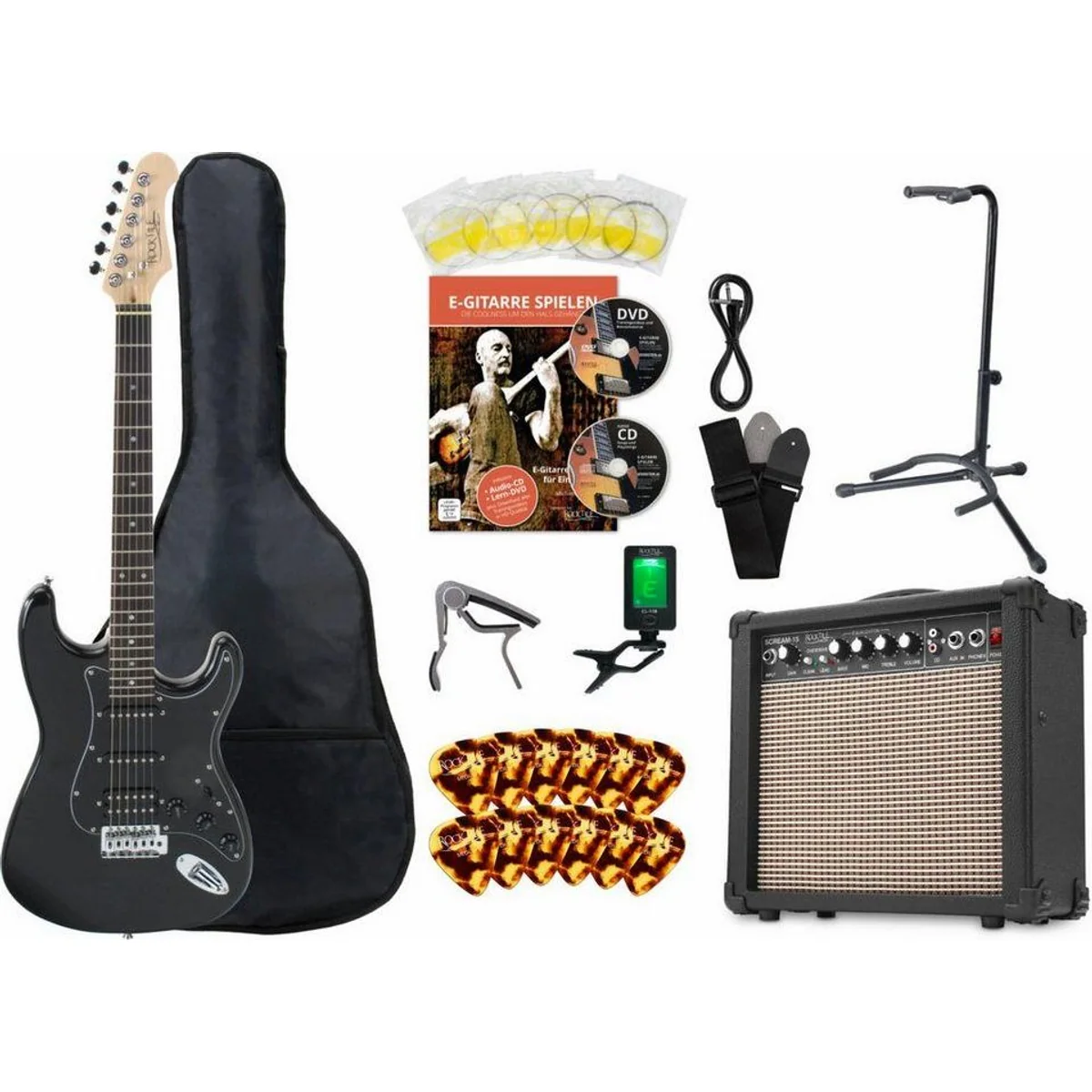 Rocktile E-Gitarre Pro ST60-BK, elegantes Design, leistungsstarker Verstärker, umfangreiches Zubehör
