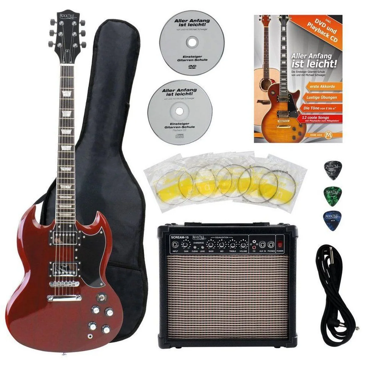Rocktile Pro S-Red E-Gitarre Heritage Cherry Starter Set, umfassendes Zubehör für Einsteiger