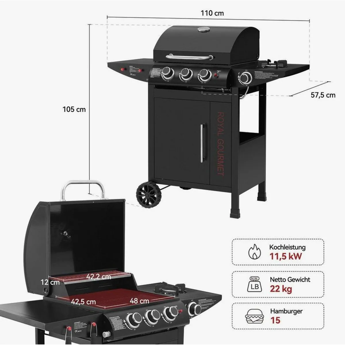 Royal Gourmet Gasgrill 3+1 Brenner, 11,5 kW Leistung, Rollwagen-Design 4