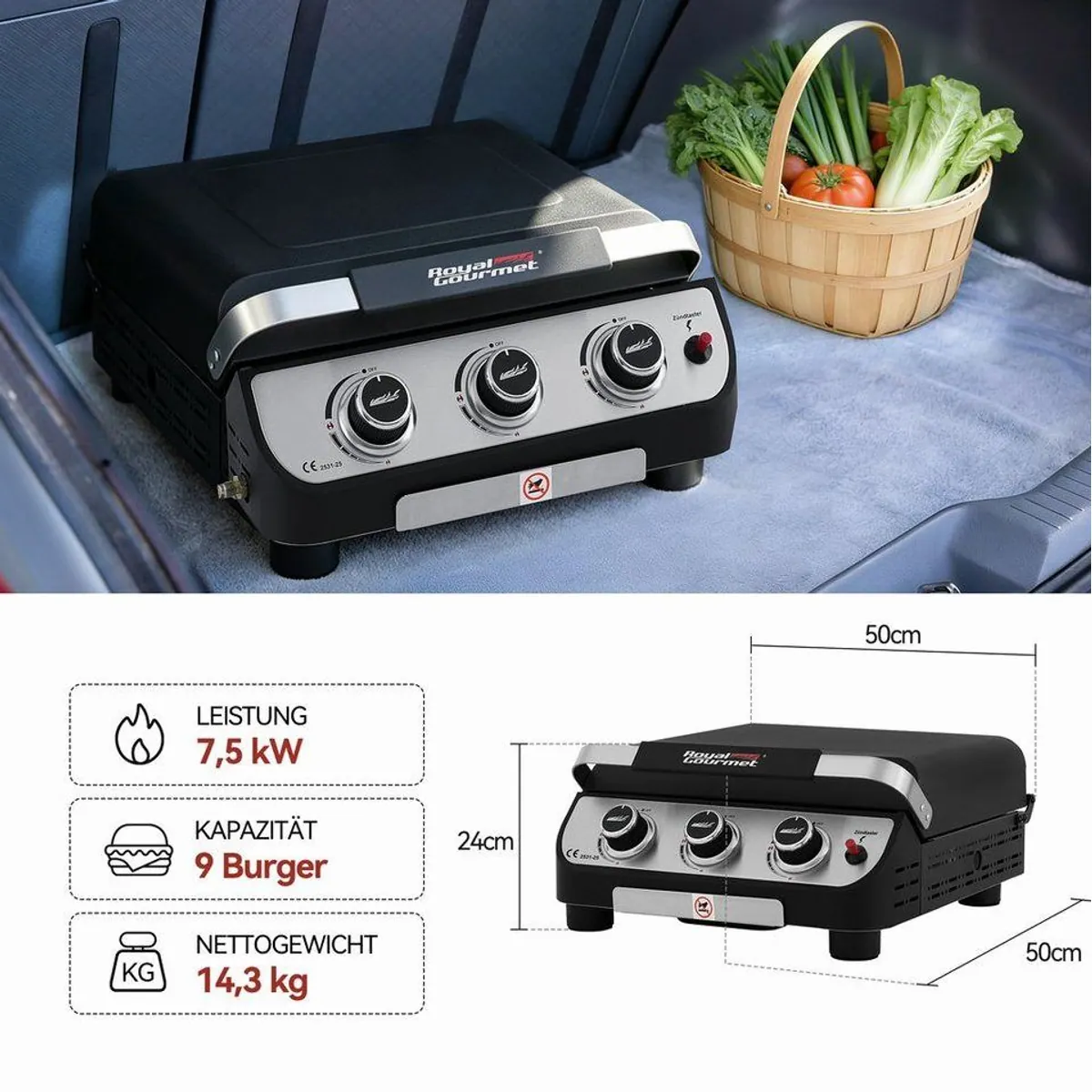 Royal Gourmet Gasgrill, 3 Brenner, 7,5 kW Leistung, abnehmbarer Fettbehälter 3
