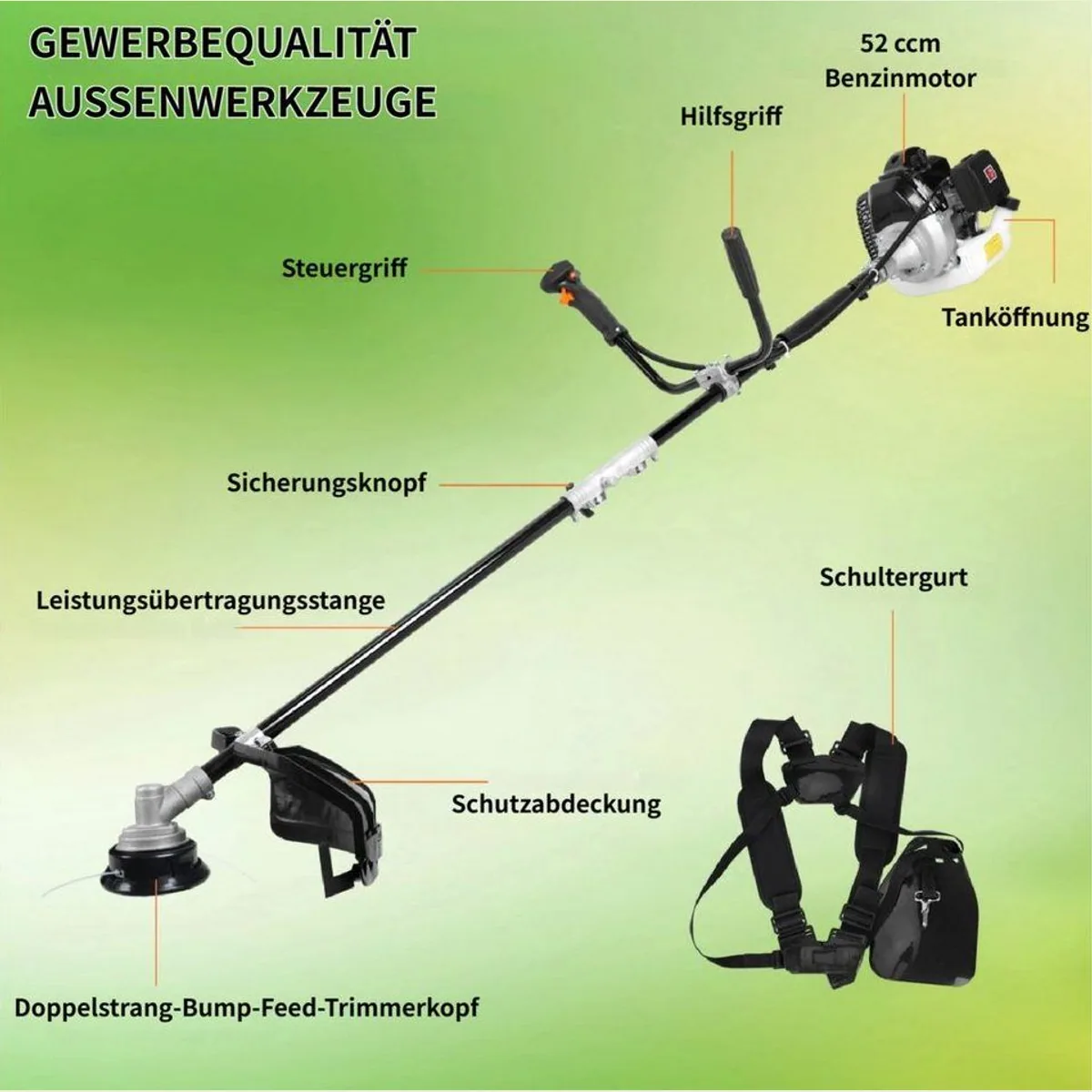 Rutaqian Benzin-Rasentrimmer 52CC, leistungsstark und leicht — 1,3 kW, 7000 U/min, ergonomischer Griff 4