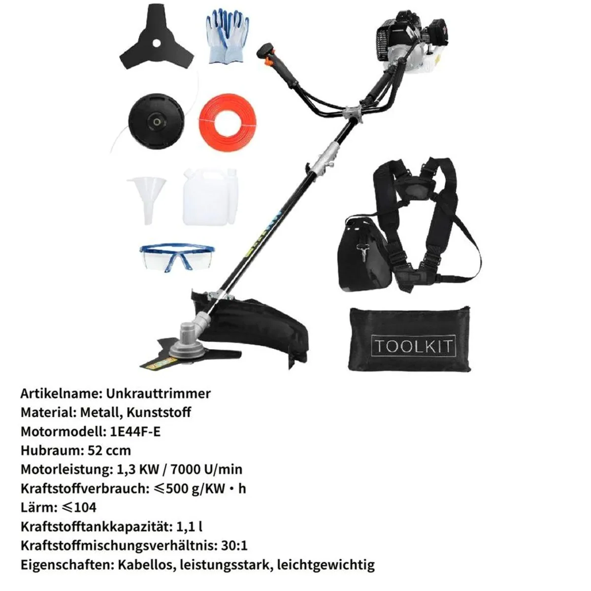 Rutaqian Benzin-Rasentrimmer 52CC, leistungsstark und leicht — 1,3 kW, 7000 U/min, ergonomischer Griff 5