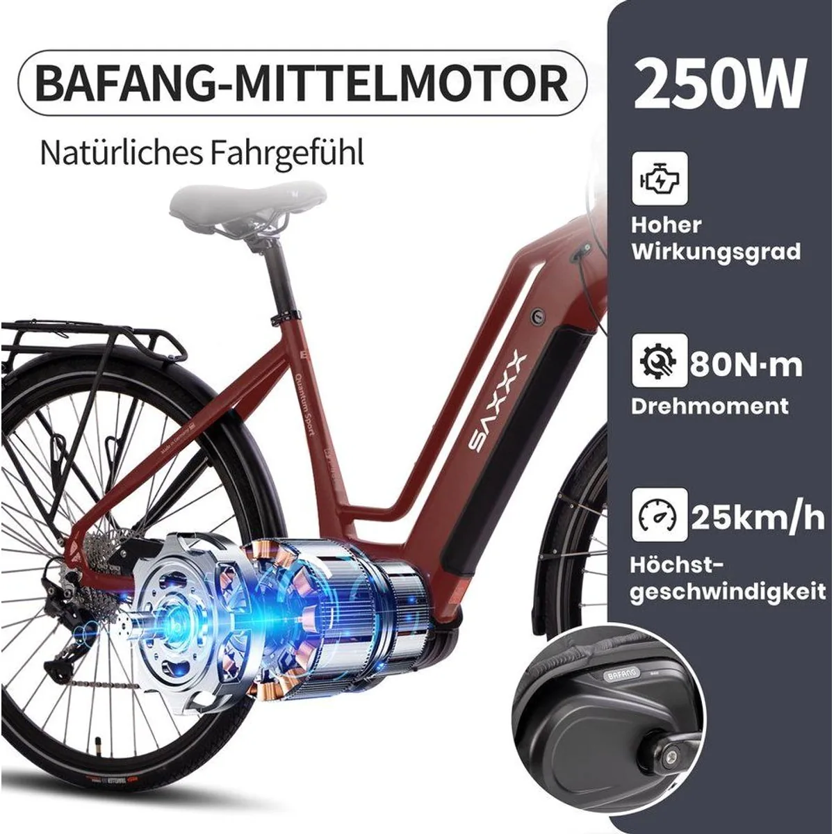 SAXXX E-Bike Cityrad 28 Zoll, 80Nm Mittelmotor, Shimano Deore 10 Gang 4
