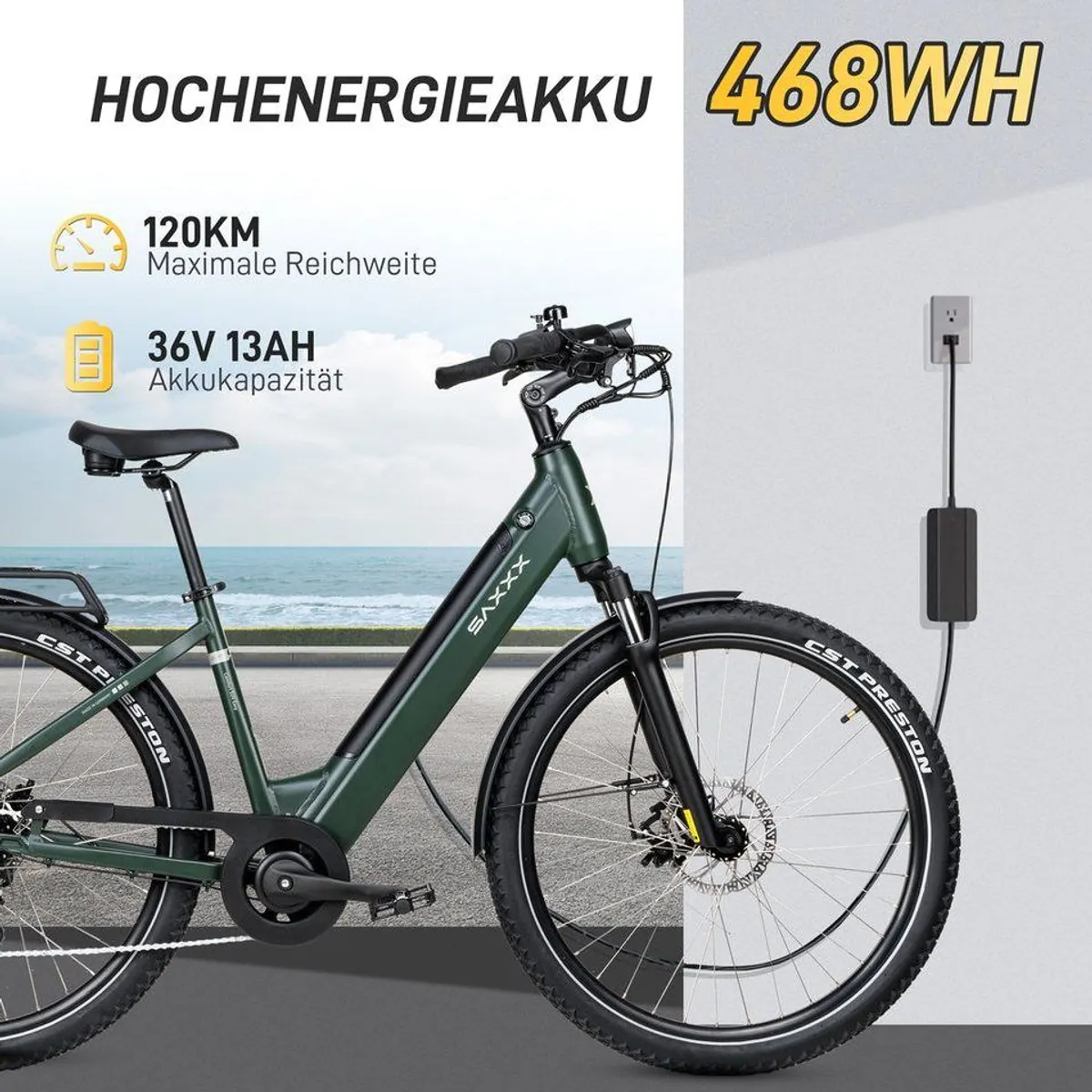SAXXX E-Bike Cityrad, 250 W Motor, 468 Wh Akku, 7-Gang Shimano — komfortabel, sicher, praktisch 3