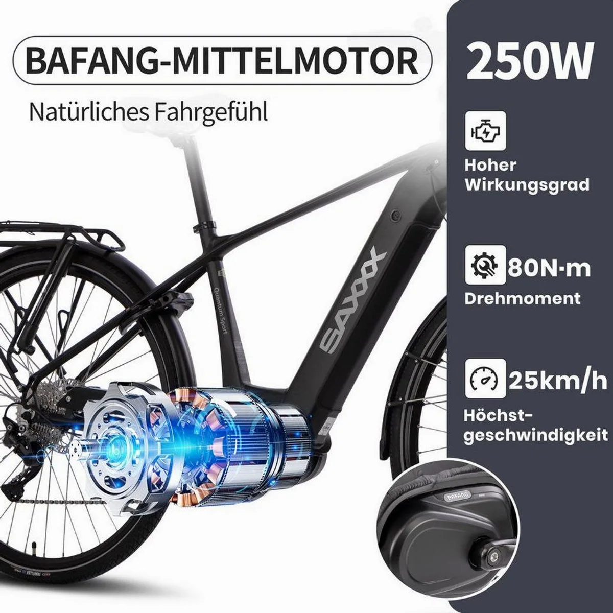 SAXXX E-Bike Trekkingrad 28 Zoll, kraftvoller 250W Mittelmotor, 540Wh Akku, hydraulische Scheibenbremsen 2