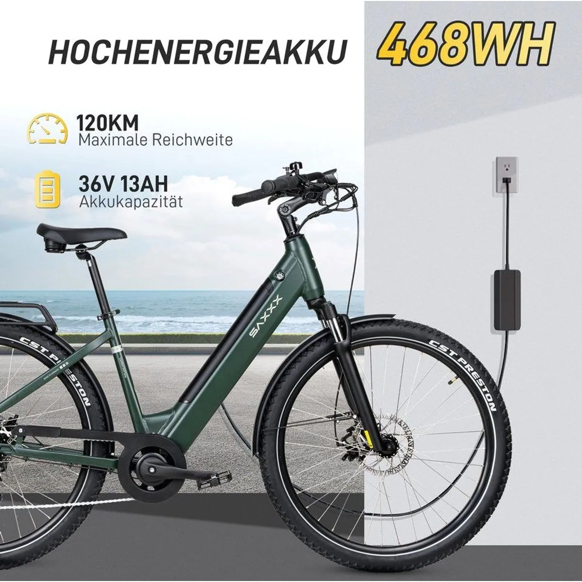 SAXXX E-Bike Cityrad, 250 W Hinterradmotor, 120 km Reichweite, 7 Gang Shimano 3
