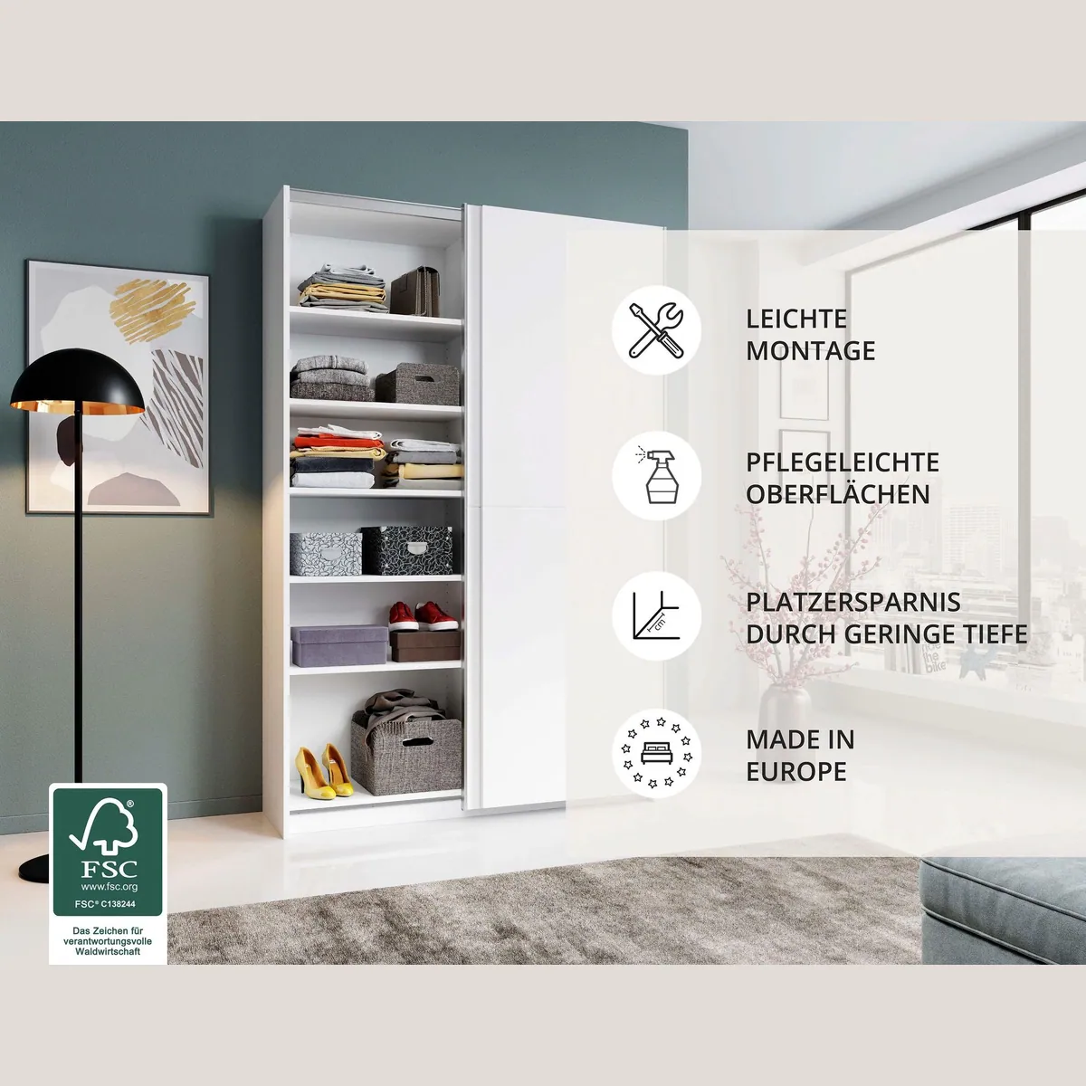 Schlafkontor Schwebetürenschrank Heimo, platzsparend und funktional — 6 Böden, ausziehbare Kleiderstange, zeitloses Design 4