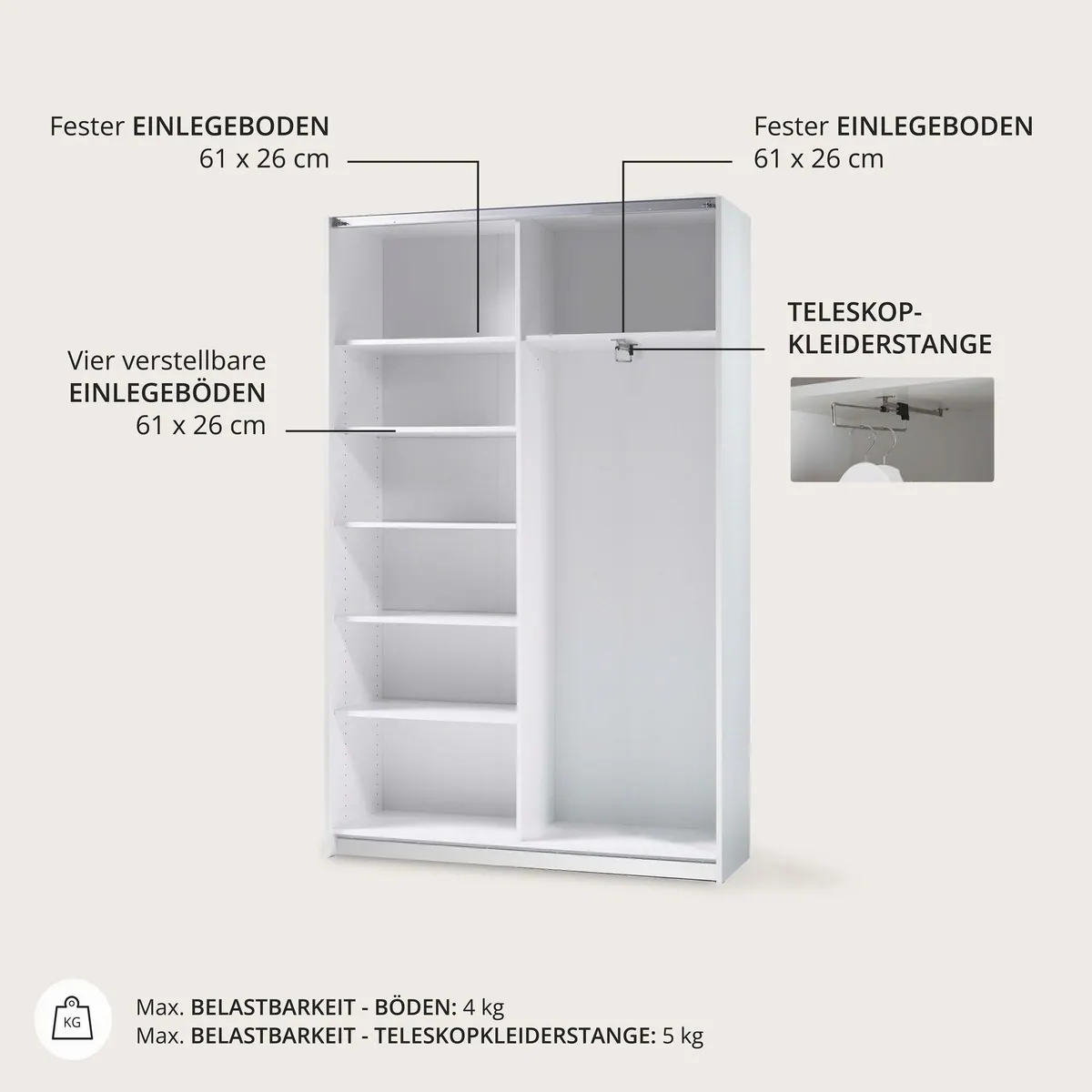 Schlafkontor Schwebetürenschrank Heimo, platzsparend und funktional — 6 Böden, ausziehbare Kleiderstange, zeitloses Design 5