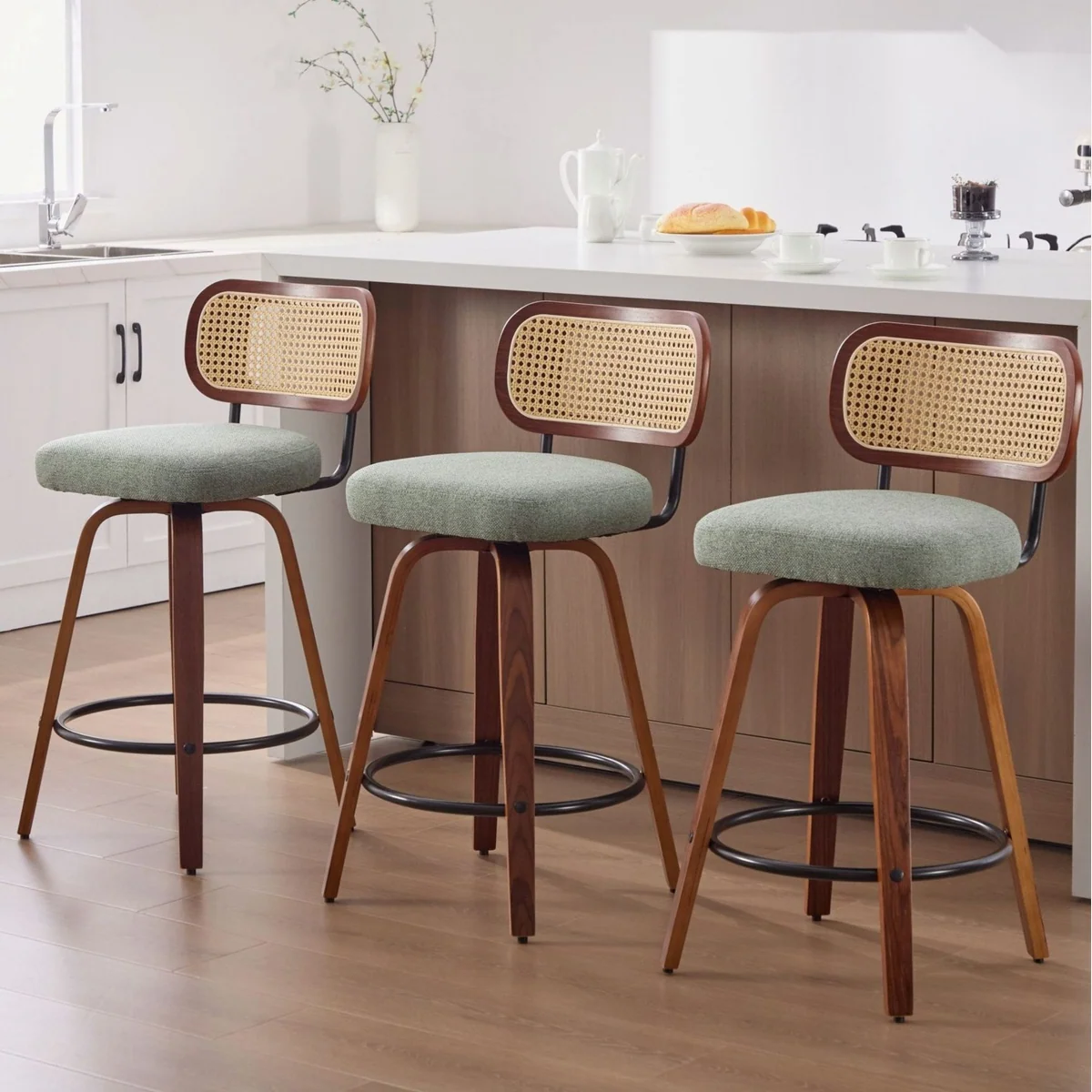 SeedWave Barhocker 3er-Set, Drehfunktion, PE-Rattanlehne — 65 cm Sitzhöhe, stabil & elegant 2