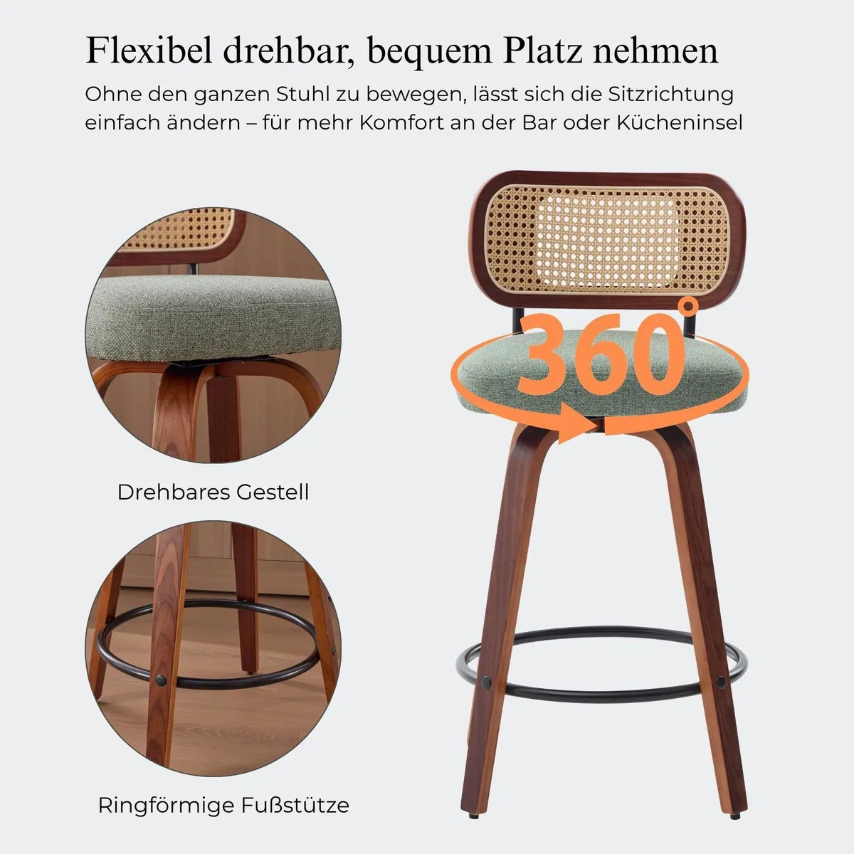 SeedWave Barhocker 3er-Set, Drehfunktion, PE-Rattanlehne — 65 cm Sitzhöhe, stabil & elegant 3