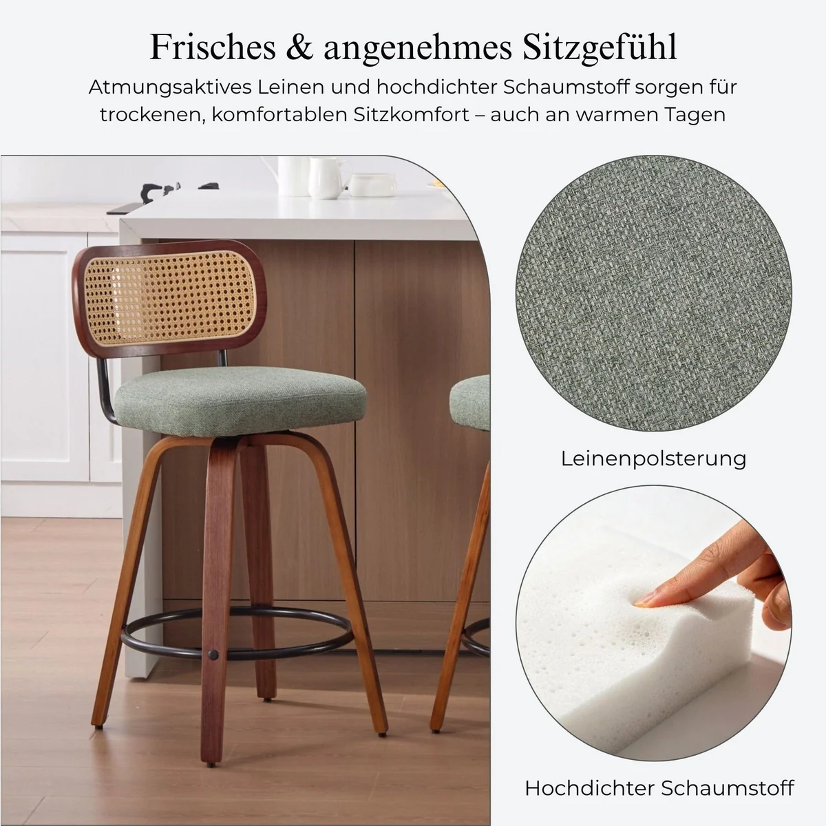 SeedWave Barhocker 3er-Set, Drehfunktion, PE-Rattanlehne — 65 cm Sitzhöhe, stabil & elegant 4