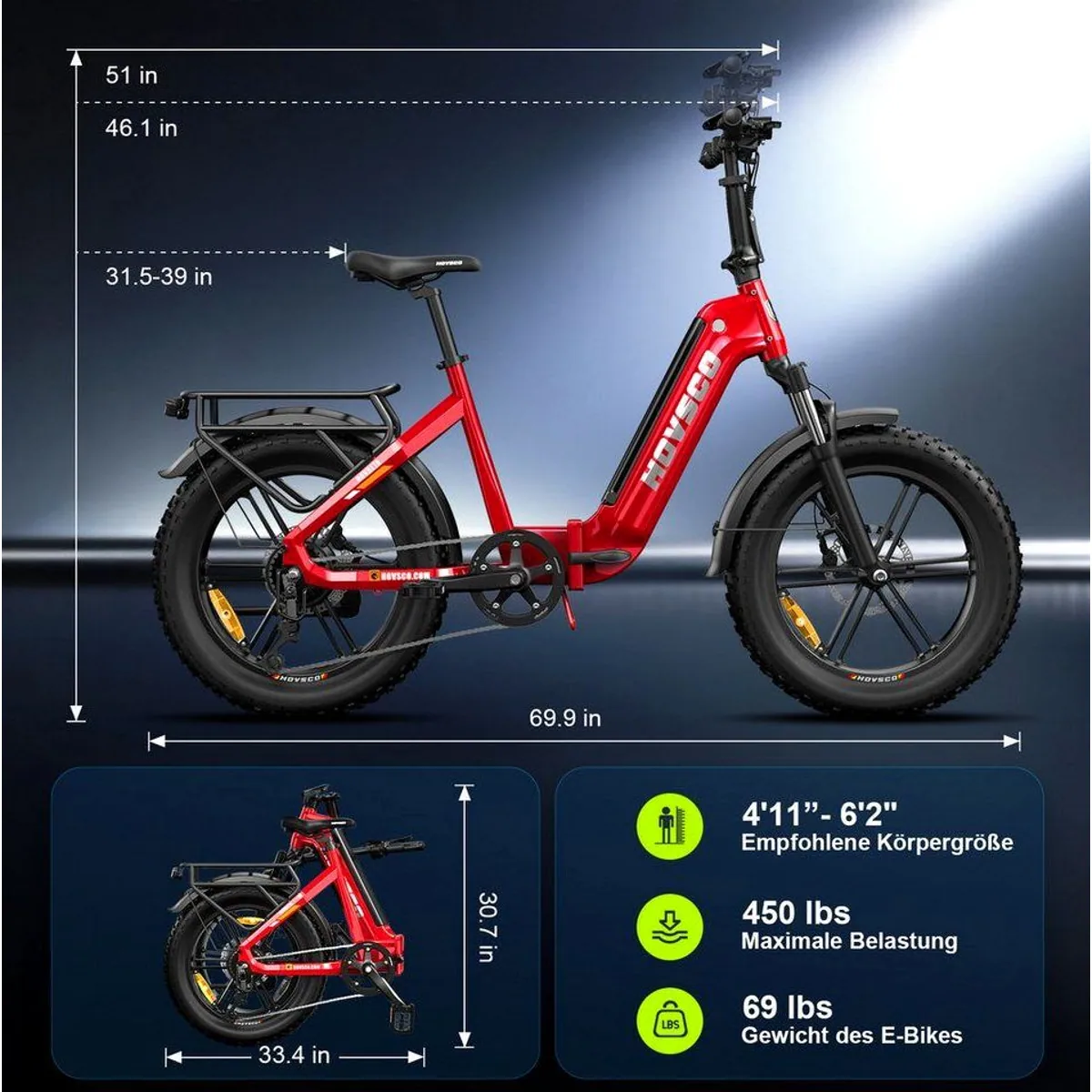 SISIGAD Klapprad 20'' E-Bike, 250W Motor, herausnehmbarer Akku, kompakt faltbar 4