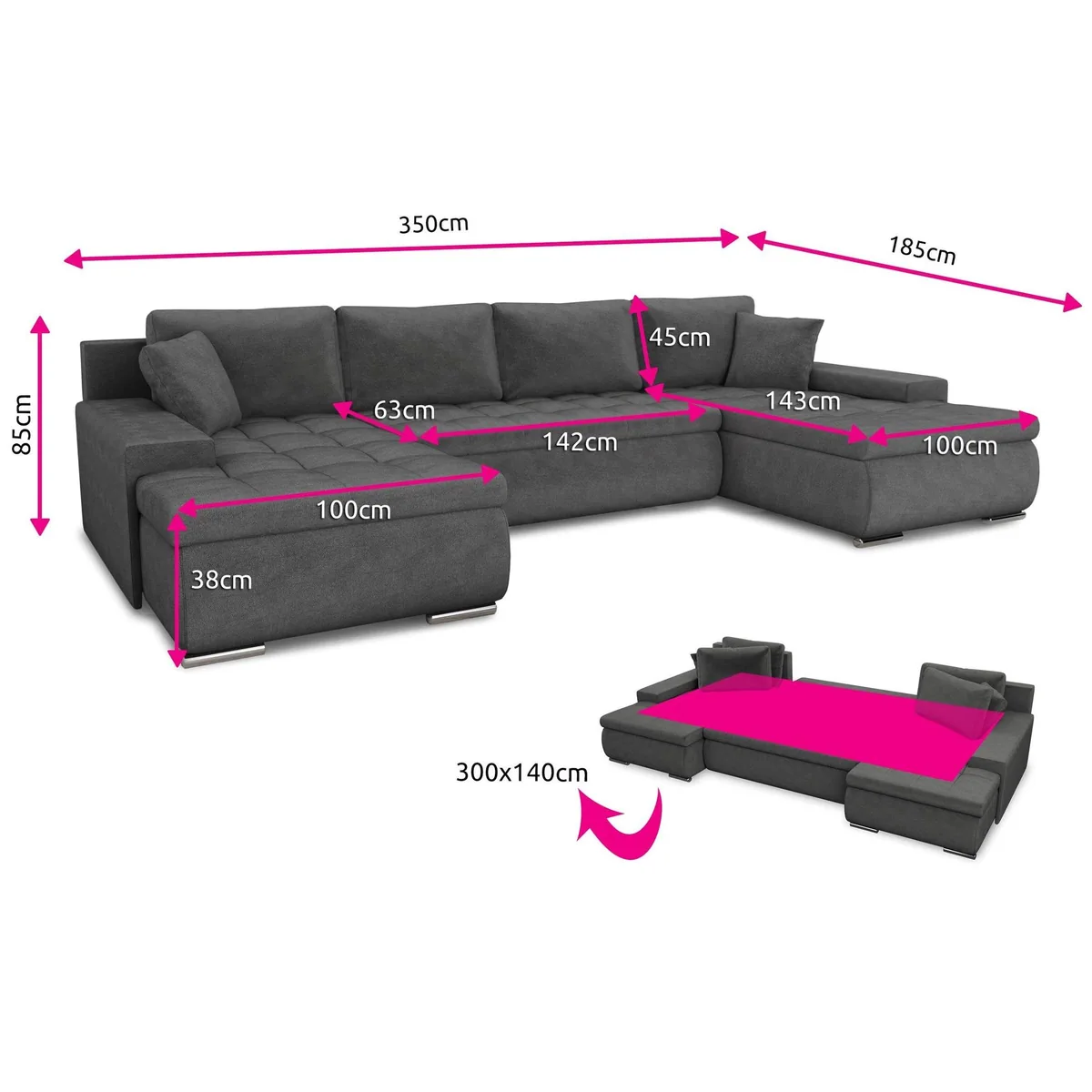 Sofnet Wohnlandschaft Faris U, mit Schlaffunktion, Bettkasten und Chromfüßen 5