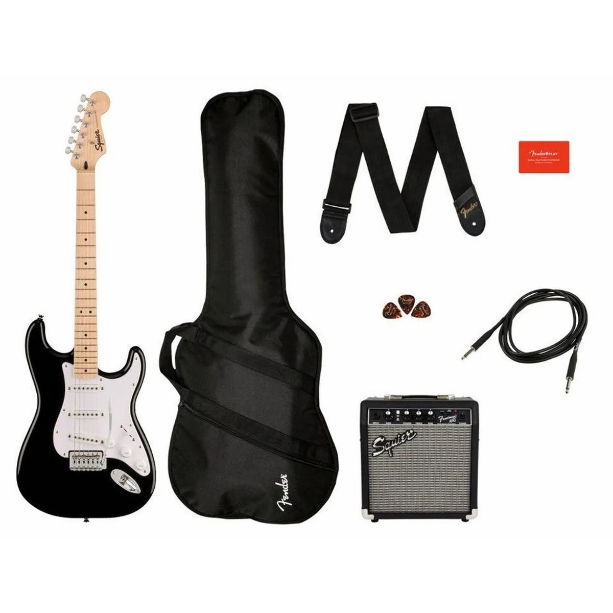 Squier Sonic Stratocaster Pack Black, E-Gitarre mit Verstärker und Zubehör