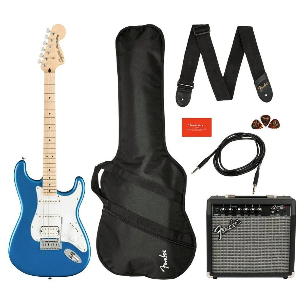 Squier Affinity Stratocaster HSS Pack, vielseitige Sounds, inkl. Verstärker — Lake Placid Blue