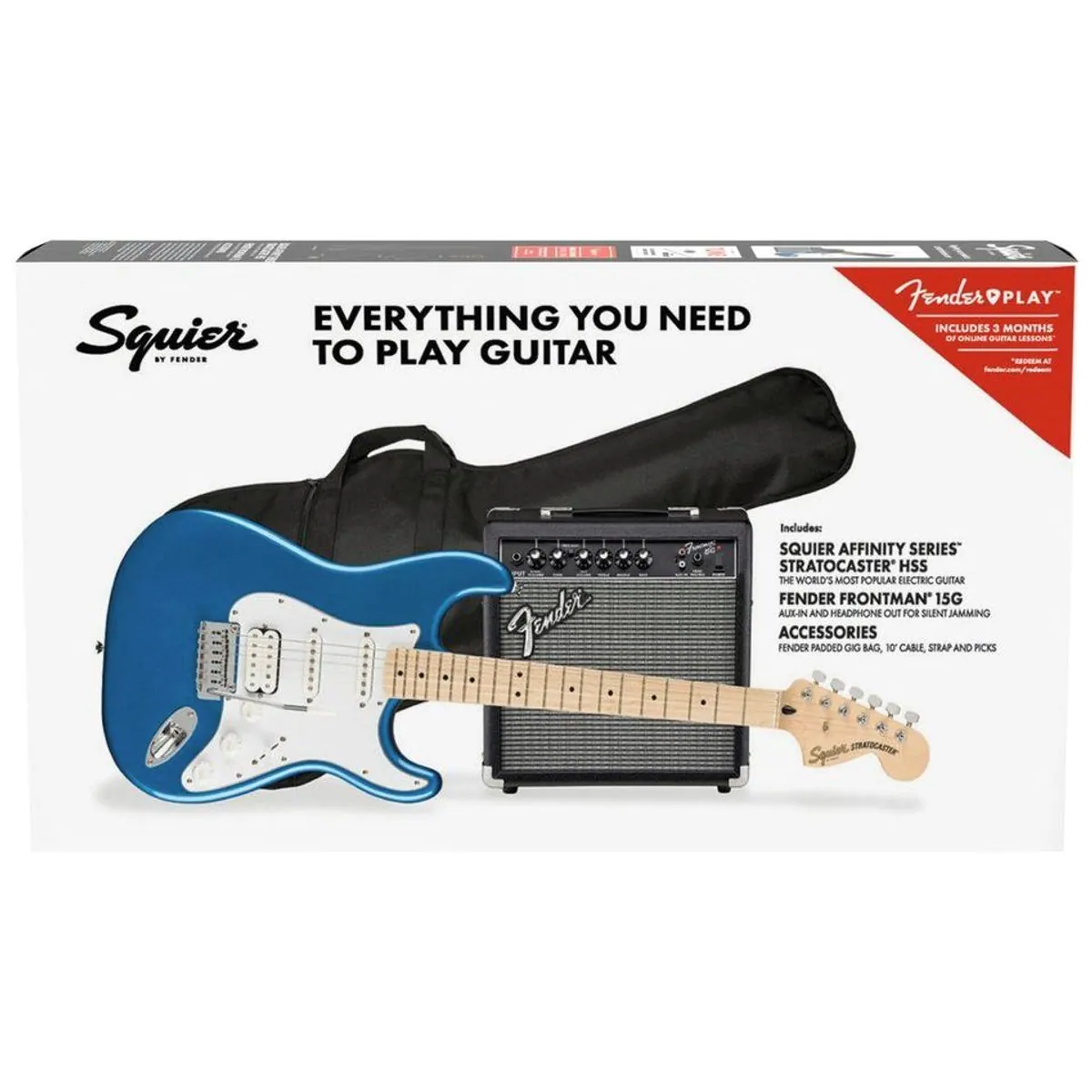 Squier Affinity Stratocaster HSS Pack, vielseitige Sounds, inkl. Verstärker — Lake Placid Blue 5