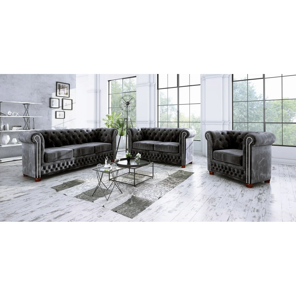 S-Style Möbel Polstergarnitur Chesterfield Leeds 3+2+1, eleganter Samtstoff, Wellenfederung, stilvolle Metallnieten