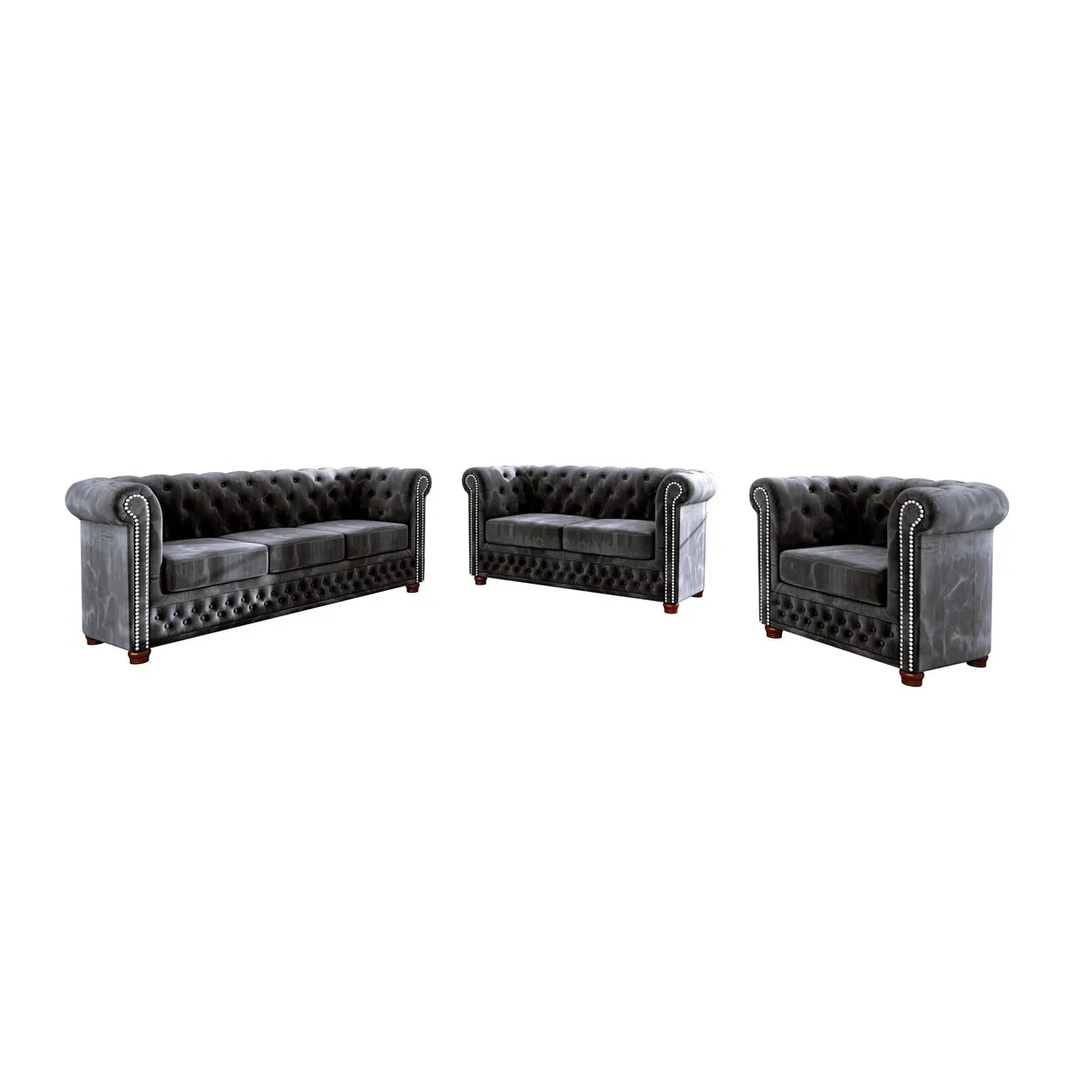 S-Style Möbel Polstergarnitur Chesterfield Leeds 3+2+1, eleganter Samtstoff, Wellenfederung, stilvolle Metallnieten 2
