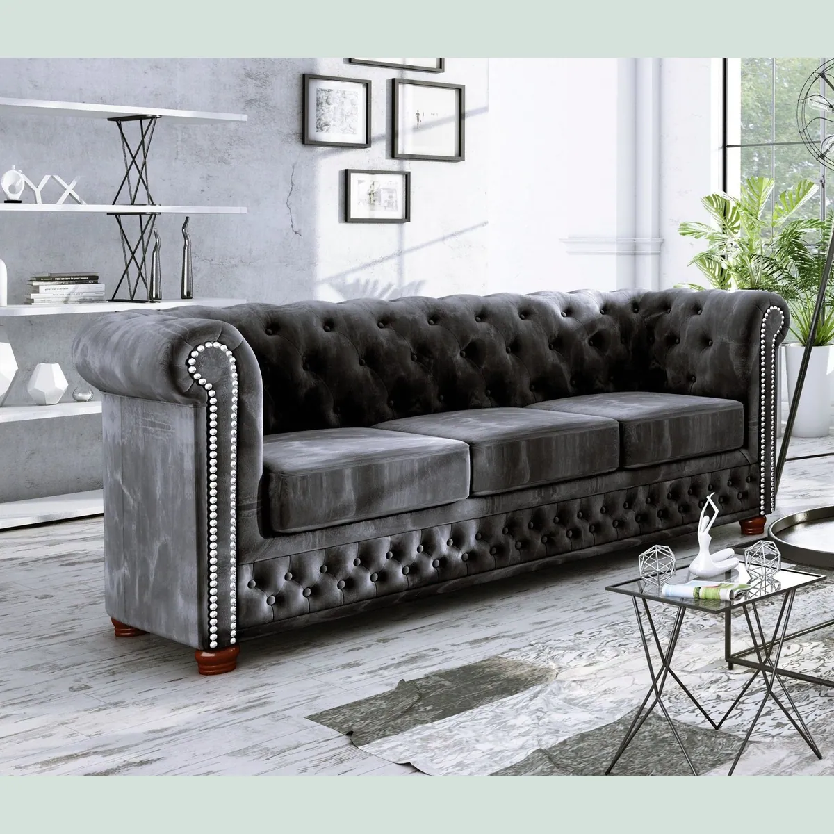 S-Style Möbel Polstergarnitur Chesterfield Leeds 3+2+1, eleganter Samtstoff, Wellenfederung, stilvolle Metallnieten 3