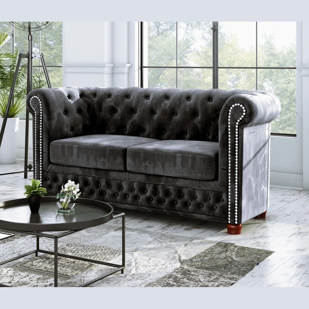 S-Style Möbel Polstergarnitur Chesterfield Leeds 3+2+1, eleganter Samtstoff, Wellenfederung, stilvolle Metallnieten 4