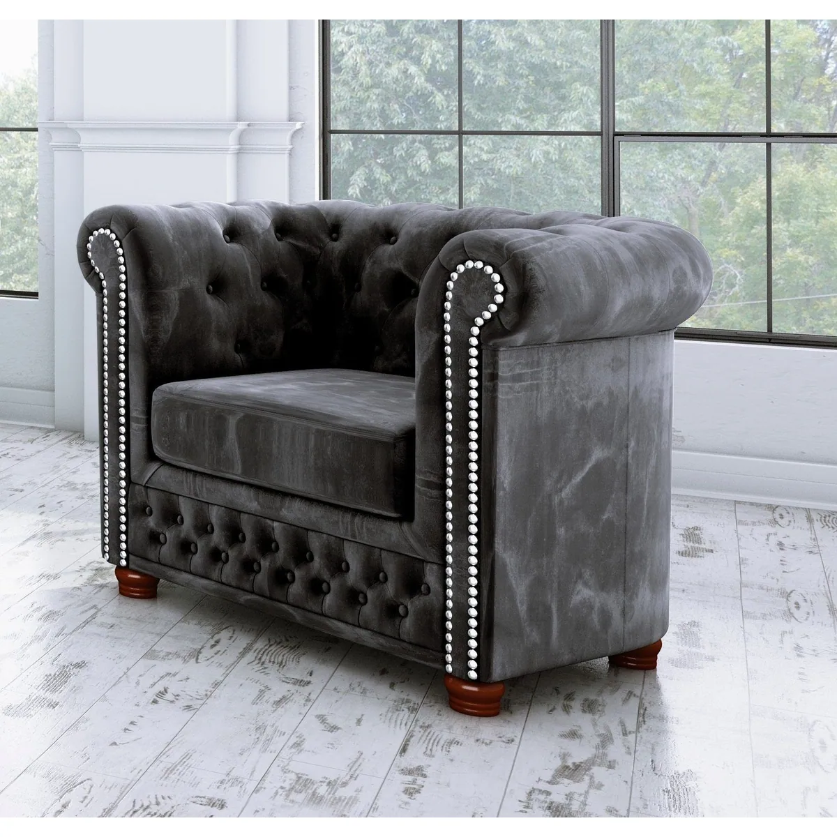 S-Style Möbel Polstergarnitur Chesterfield Leeds 3+2+1, eleganter Samtstoff, Wellenfederung, stilvolle Metallnieten 5