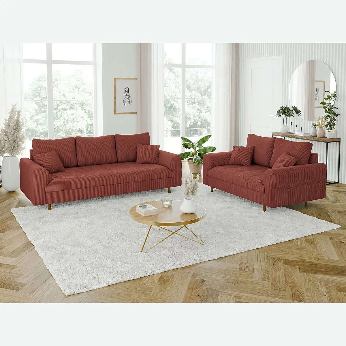 S-Style Möbel Polstergarnitur Zara, skandinavisches Design, Cord-Stoff, braune Holzfüße